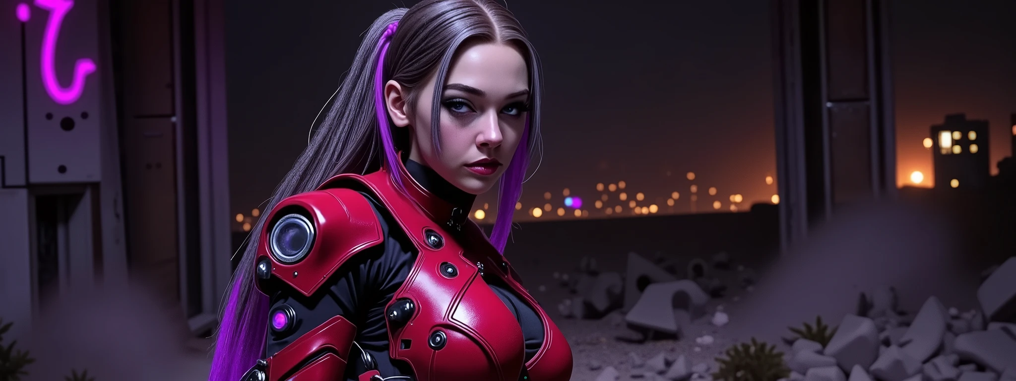 The image depicts a post-apocalyptic and artistic representation of a battle android with an intriguing blend of organic and mechanical elements. She has clearly seen battler, as both she and her armor is scraped and scratched and dirty and barely held together. Her expression is determined and grim, adding to a sense of power in the image. Her hair is metallic dreadlocks, with neon purple lights at the tips. The clothing or armor is composed of crimson red leather and metallic materials that wrap around the body, highlighting the cybernetic theme as well as her figure. Numerous mechanical accessories, like cylindrical devices and wires and glowing LED lights and gauges, are integrated into the figure's body, enhancing the sci-fi aesthetic. The lighting is very dark, the lights of her armor creating highlights on the reflective surfaces and casting subtle shadows that accentuate the contours and mechanical details. The background is dark, the silhouette of a bombed city in the distant background, creating a quiet yet powerful atmosphere. The shooting angle is elevated, offering a side view with a sense of depth due to shadow play and the positioning of mechanical elements. The overall composition and technical execution present a seamless blend of organic and technological features, evoking themes of future, integration, and identity.