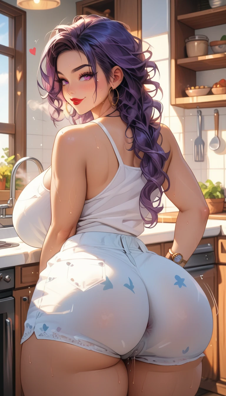 all fours on medical bed, (white nurse outfit : 1.3), white skirt, (white nurse hat), medicalroom, Nijou Aki, 27 yo, mature women, anime cels style, best quality, high resolution, (big breasts), cowboy shot，long legs，thick legs，narrow waist，fat hip, blush, smiling, (purple eyes), blue hair，back to the view，big round ass，horse ass，thong，t-back，Thong，show her ass，pants，bare shoulders，