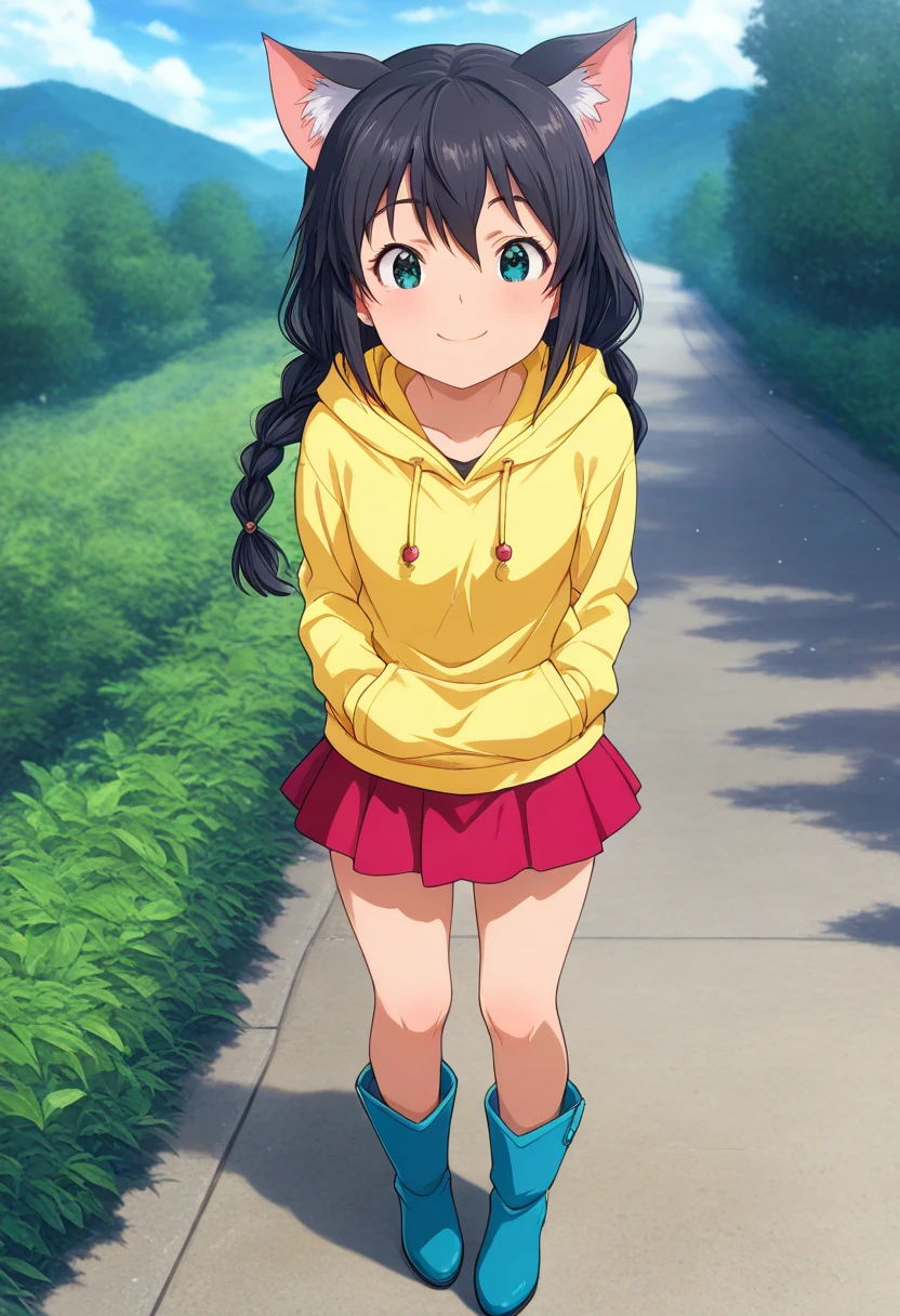 Standing Portrait Taken from the Front　shows the whole body (Cherry blossom treesを葉っぱの傘を持つ少女が歩く1:5)　 Beautiful anime style portrait, Detailed portrait of beautiful anime style girl, Beautiful anime style portrait, Beautiful anime woman, Digital animation illustration, Anime style portrait, realistic, Beautiful anime girls, Animation illustration Top quality, Masterpiece, Ultra high resolution, Beautiful upper body, Detailed face, Beautiful upper body, Beautiful lower body, Two perfect legs, Beautiful legs, Five perfect fingers, Beautiful eyes, Delicate eyes, Detailed face young-looking woman　Female Elementary School Student　(black hair、braids、both sides) (Cat ears) (smile、looks like fun) (yellow hoodie) (red miniskirt) (Light blue boots) 　(1:5)　light rain、Cloudy　A little dim　 Paved Road  (Cherry blossom trees)　Masterpiece, beautiful, top quality, very delicate, high quality, high resolution,  beautiful, amazing work, amazing beauty, 4K, fantastic,wonderful