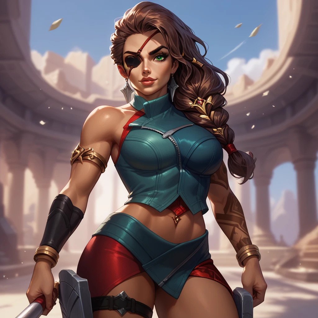 Solo, Kassandra (from assassin's creed oyssey, 1female, stron, toned abs, brown hair with side braids, brown eyes, light brown skin, Greek) wearing a one-piece armor, shoulders showing, squatting with arms up, armpit. ((masterpiece), best quality, ultra high resolution)