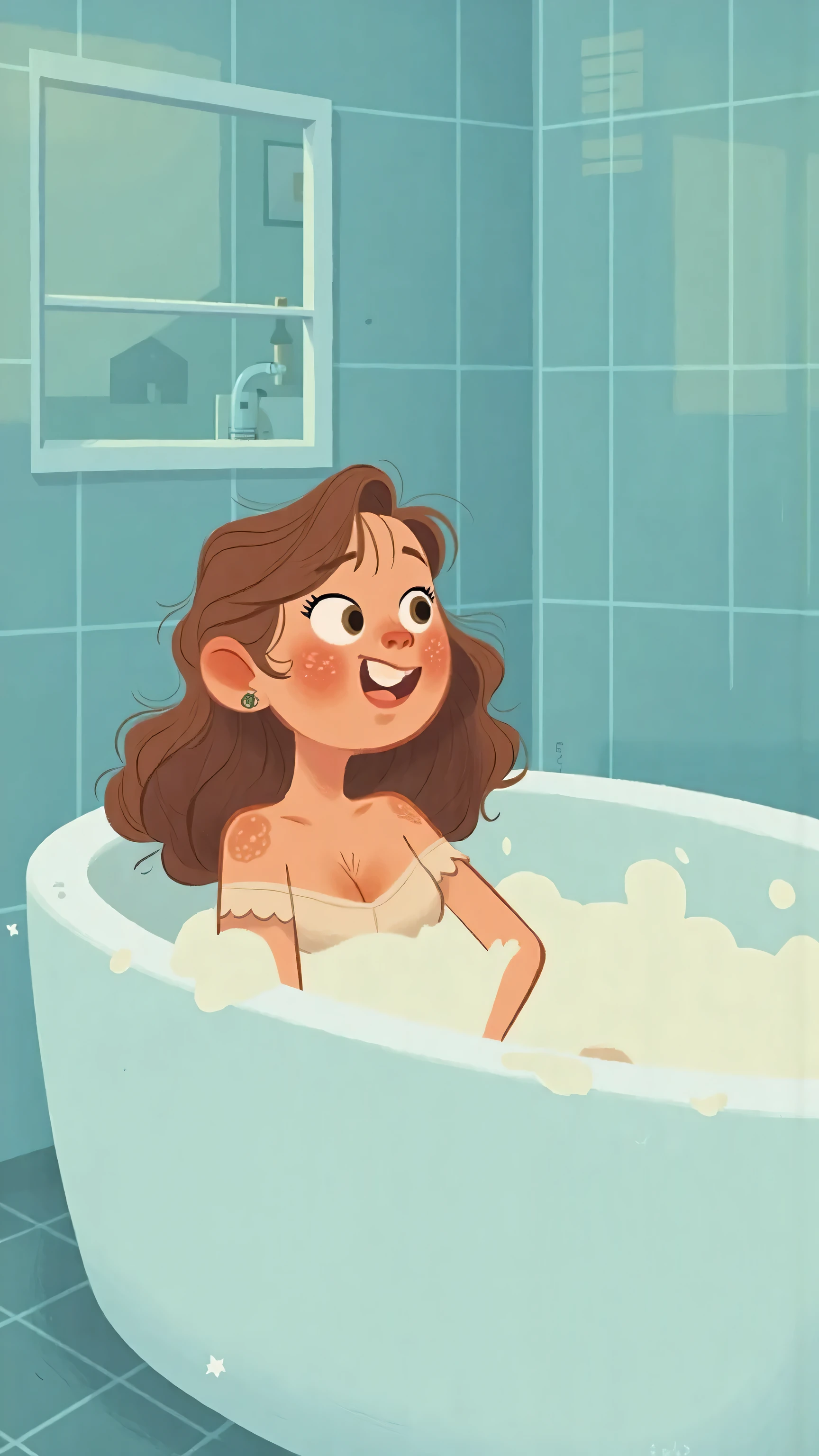 A cartoonist AI image of a woman in this style 'and her hair is wet because she is just bathing with her room background and she is fainted and her eyes is closed