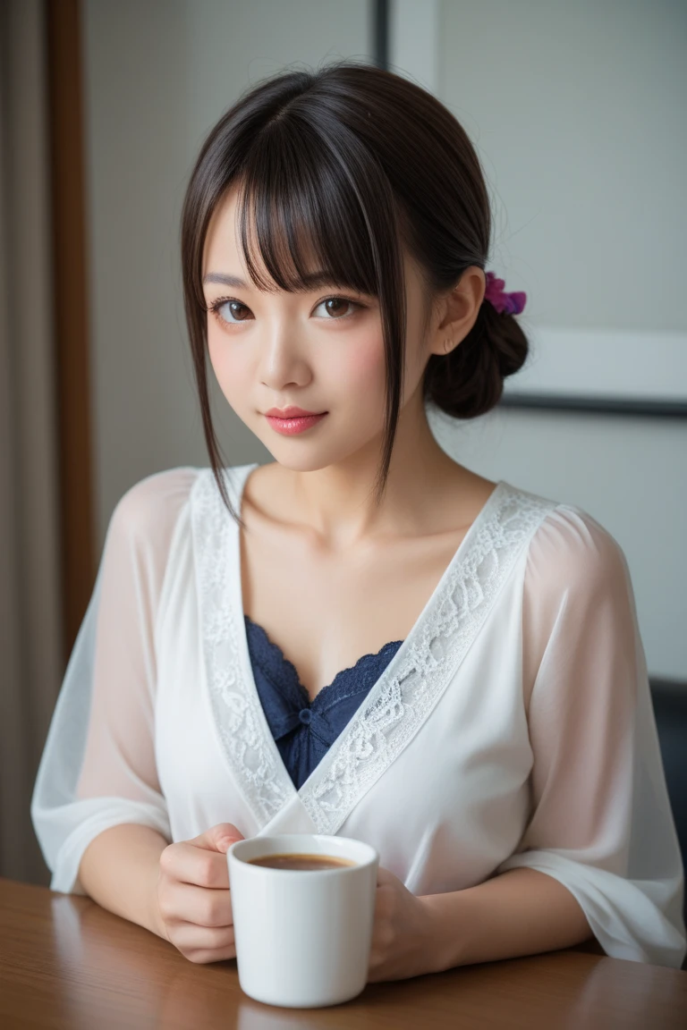 (masterpiece:1.3), (8k, Photorealistic, Raw photo, Best image quality: 1.4), Japanese 、(Random Hairstyles:1.2)、Cleavage:1.2、Super detailed face、Attention to detail、double eyelid、Put your chest together、Sharp focus:1.2、Beautiful woman:1.4、Light brown hair、highest quality、masterpiece、超A high resolution、(Photorealistic:1.4)、Highly detailed and professionally lit smile、Loose, lightweight knitwear、Shoulder out、thin、Serious expression、Short-haired、Deadly position