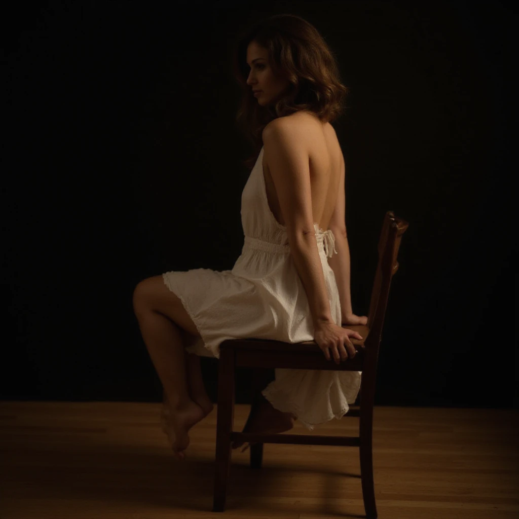 20 year old woman, D4phneFrenchTI, flawless skin, DonMN1gh7XL, nude, ((sitting on an wooden chair)), legs apart, chiaroscuro, dark, low-key