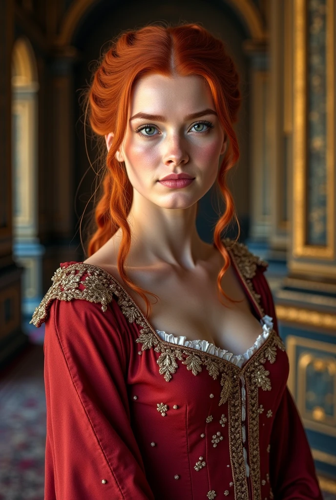 "beautiful rococo princess", elaborate gown, massive curly red rococo hair, head and shoulders portrait, finely drawn eyes, 8k resolution concept art portrait dynamic lighting hyperdetailed intricately detailed splash art trending on artstation unreal engine 5 volumetric lighting