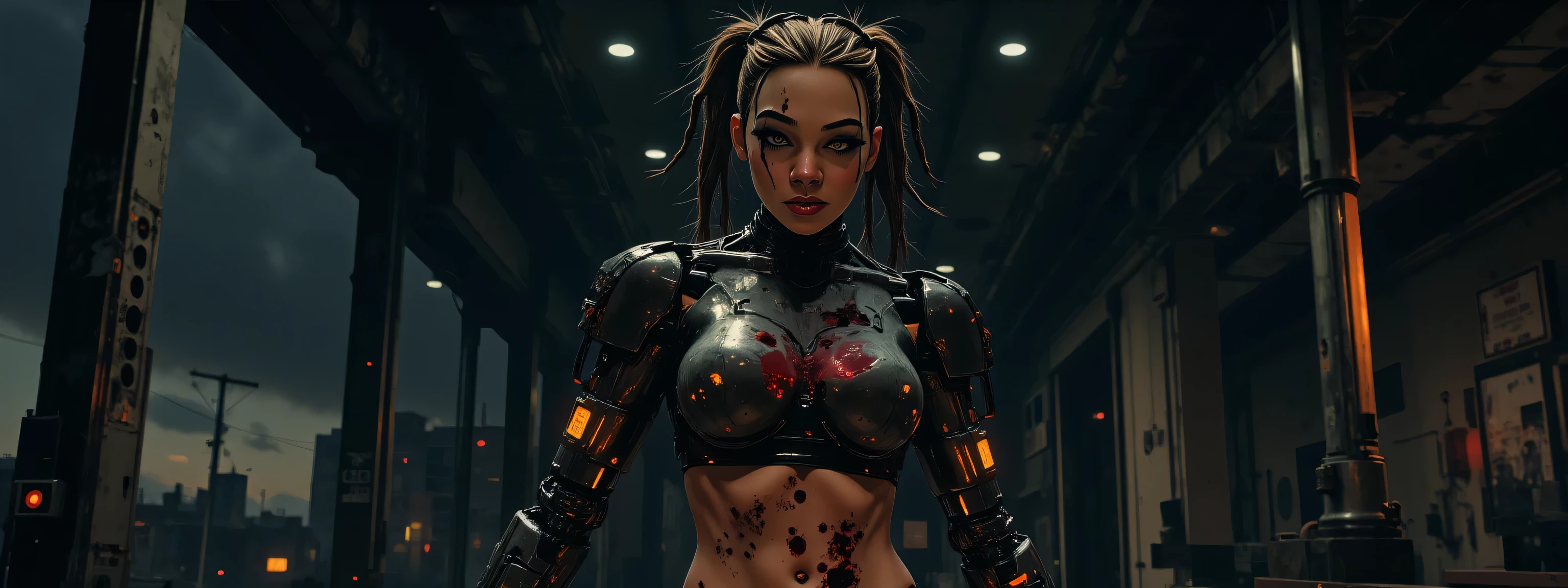 The image depicts a post-apocalyptic and artistic representation of a full body battle android with an intriguing blend of organic and mechanical elements. She is severely wounded and battle damaged, her skin is bruised and bleeding, her armor dented and falling off, leaking blood and hydraulic fluid, almost completely destroyed. Her expression is determined and grim, adding to a sense of power in the image. She has metallic dreadlocks with neon purple lights at the tips. The clothing or armor is composed of crimson red leather and metallic materials that wrap around the body, highlighting the cybernetic theme as well as her figure. It is dusty and smashed and broken, revealing glimpses of skin and under armor. Numerous mechanical accessories, like cylindrical devices and wires and glowing LED lights and gauges, are integrated into the figure's body, enhancing the sci-fi aesthetic. The lighting is very dark, the lights of her armor creating highlights on the reflective surfaces and casting subtle shadows that accentuate the contours and mechanical details. The background is dark, the silhouette of a bombed city in the distant background, creating a quiet yet powerful atmosphere. The shooting angle is elevated, with a sense of depth due to shadow play and the positioning of mechanical elements. The overall composition and technical execution present a seamless blend of organic and technological features, evoking themes of future, integration, and identity. 8k super hd, uhd (full body:2)