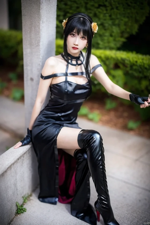Your counterfeiter,Your thorns,Black Hair,gloves,dress,black dress,Knee socks,Red eyes,hair ornaments,flower,gold hair band,fingerless gloves,arms,two-sided dress,hair flower,black gloves,boots,hair band,thigh boots,black Knee socks,Rose,Double-sided fabric,bangs,Black footwear,yellow flower,No sleeve,One girl,Sexy pose,highest quality,masterpiece,figure,Very delicate and beautiful,CG,Unity,8k wallpaper,wonderful,In detail,masterpiece,Official Art,Very detailed CG Unity 8k wallpaper,Incredibly absurd,Large file size,Very detailedな,High resolution,Very detailed,Beautiful detailed girl,Realistic,from the front,Outdoor,Light contrast,
