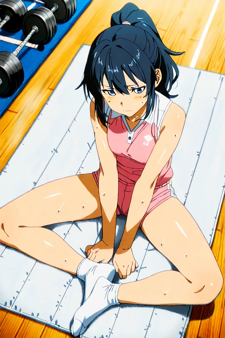 tennis girl's massive vagina out of bottomless spaghetti strap tank top out bare and wet boots spreading her legs, her vagina slipping out, gloved hands hidden behind head, blindfold
