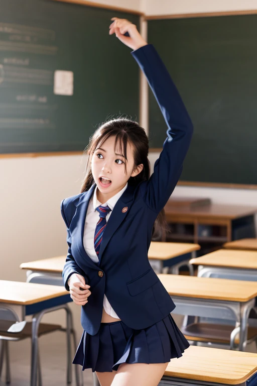 Super tall young student,((3 meters tall)) big chested, thich thighs, head touching The ceiling, ((worlds tallest woman)), full body picture, 13 years old teen. Black hair, red cheeks, smiling, cute, long hair, bangs, big eyes, in school. Fully clothed, reaching down to Pick you up.