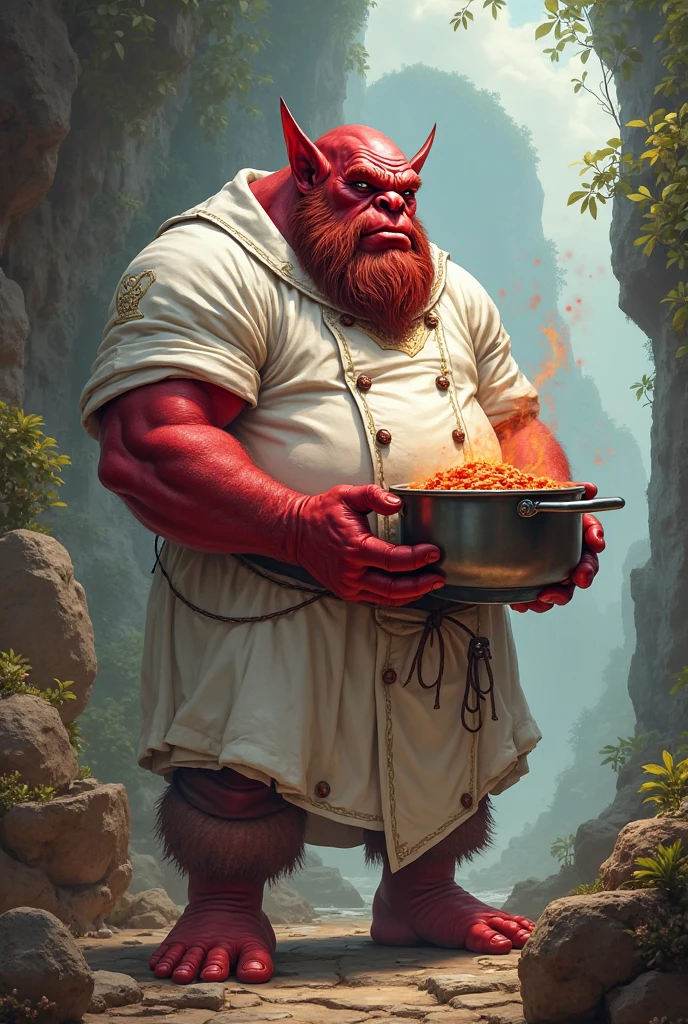 Tarot card Devil with smaller horns, gray hair and beard, pot belly, standing facing forward in the middle dressed as a chef with crossed arms and piercing gaze with demonic laughter in a burning hotel kitchen, vintage comic style illustration 