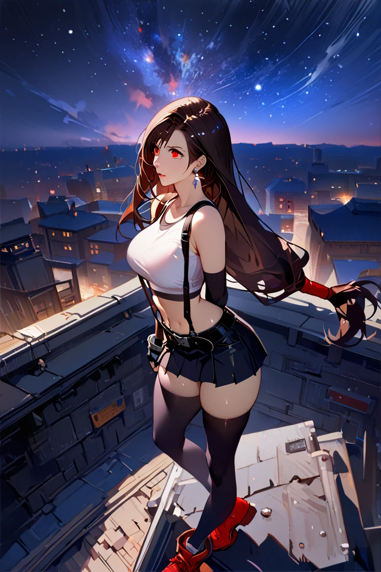 (8k, best quality, masterpiece:1.2), (realistic, photo-realistic:1.37), (full body), 1female solo girl, standing, legs apart, (wide stance) standing contrapposto, ultra-detailed, 1girl solo, cute (tifa lockhart) (large breasts:1.5) (beautiful detailed eyes) (smile:1.2) (closed mouth) sharp focus, depth of field, good composition, Final Fantasy VII, very long straight hair, hair bang ((red_eyes)), intricate, bokeh (Tetsuya Nomura style) perfect breasts, white tank top, black thong, suspenders, gloves, stockings, toned body, athletic, wide hips, thin waist, toned arms, exposed abdomen, view from behind, NSFW breasts), hdri, extremely naked, nude, nua, pelada, nsfw, perfect proportions human body, gigantic breast 1.9