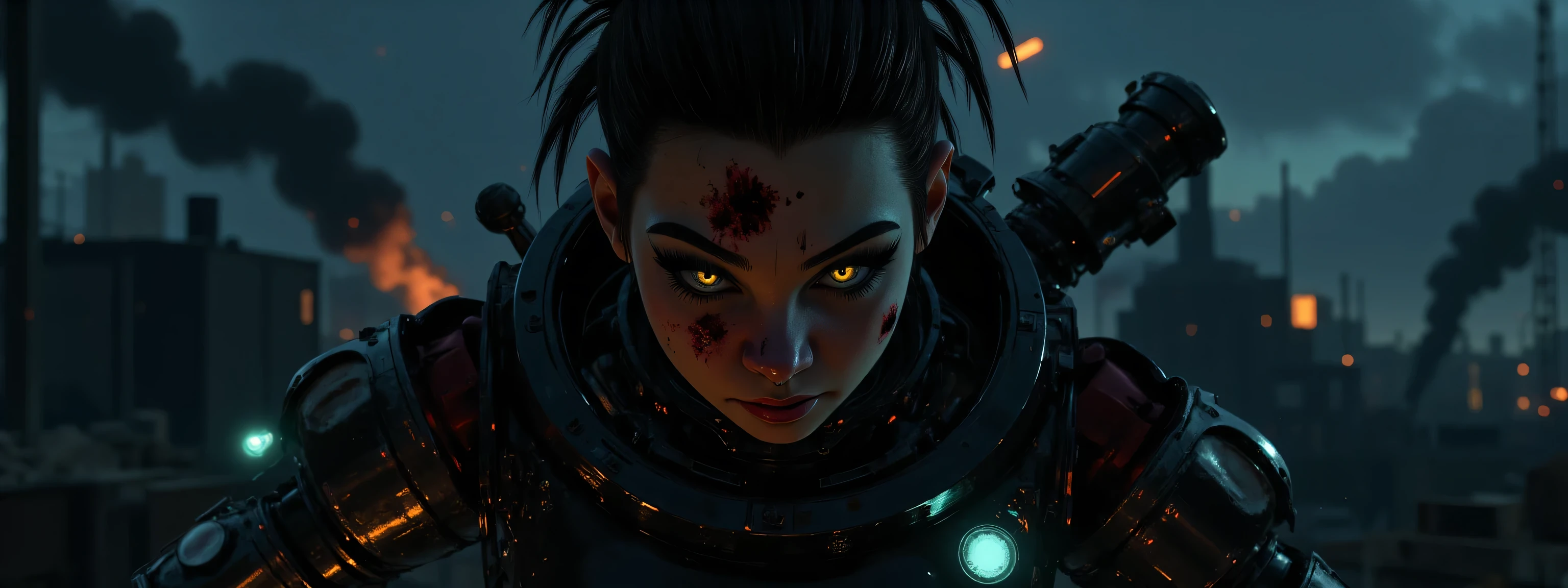 The image depicts a post-apocalyptic and artistic representation of a full body battle android with an intriguing blend of organic and mechanical elements. She is severely wounded and battle damaged, her skin is bruised and bleeding, her armor dented and falling off, leaking blood and hydraulic fluid, almost completely destroyed. Her expression is determined and grim, adding to a sense of power in the image. She has metallic dreadlocks with neon purple lights at the tips. The clothing or armor is composed of crimson red leather and metallic materials that wrap around the body, highlighting the cybernetic theme as well as her figure. It is dusty and smashed and broken, revealing glimpses of skin and under armor. Numerous mechanical accessories, like cylindrical devices and wires and glowing LED lights and gauges, are integrated into the figure's body, enhancing the sci-fi aesthetic. The lighting is very dark, the lights of her armor creating highlights on the reflective surfaces and casting subtle shadows that accentuate the contours and mechanical details. The background is dark, the silhouette of a bombed city in the distant background, creating a quiet yet powerful atmosphere. The shooting angle is elevated, with a sense of depth due to shadow play and the positioning of mechanical elements. The overall composition and technical execution present a seamless blend of organic and technological features, evoking themes of future, integration, and identity. 8k super hd, uhd (full body:2)