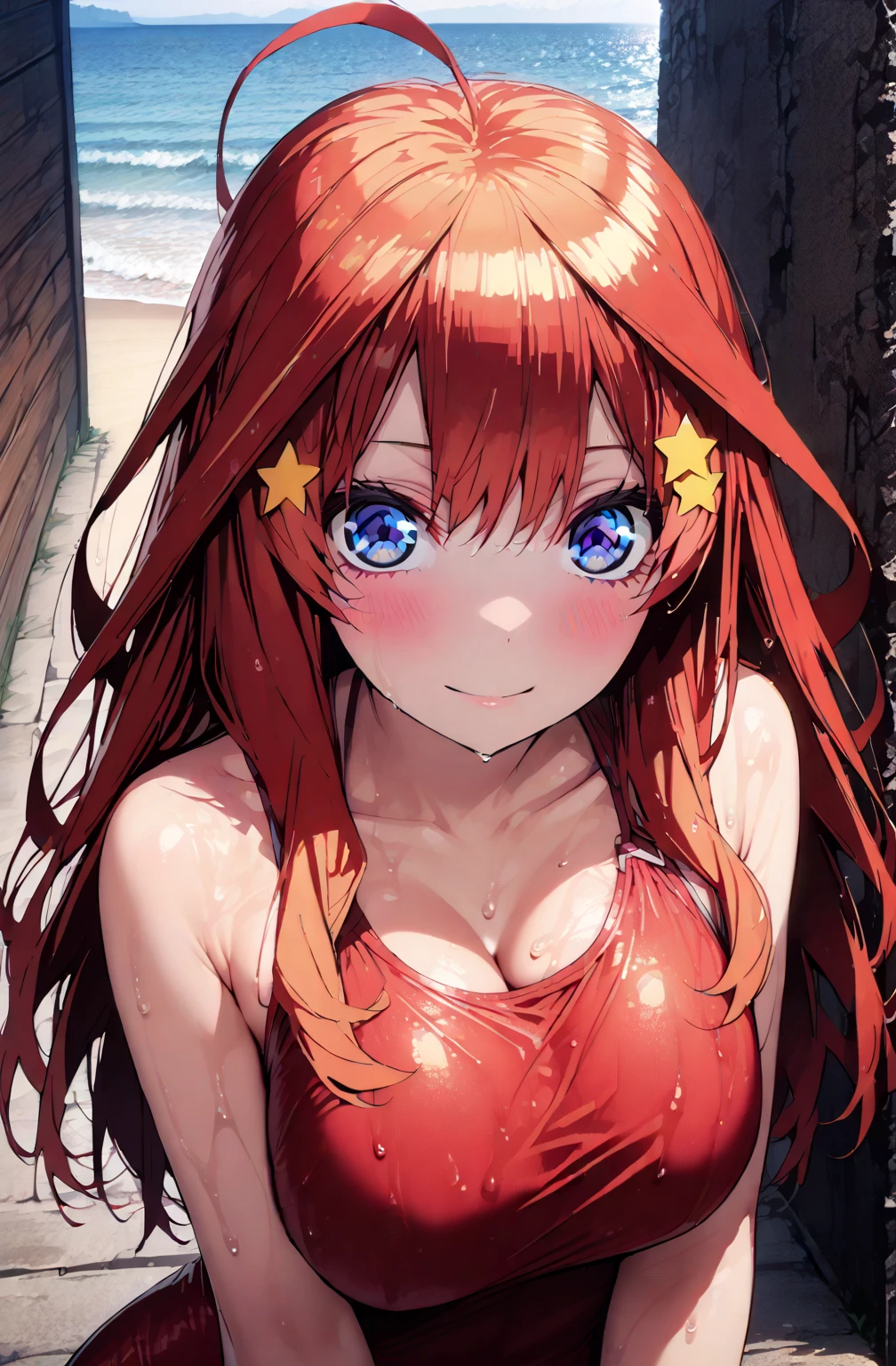 One girl,itsukinakano, Itsuki Nakano, bangs, blue eyes, Hair between the eyes, Ahoge, Redhead, star \(symbol\), hair ornaments, star hair ornaments,happy smile, smile, Open your mouth,Red Bikini,Real Summer,Daytime,sunny,My hair is blowing in the wind,whole bodyがイラストに入るように,topless、bottomless、Nipple exposure break outdoors, city,Coastal street break looking at viewer, whole body,(((topless、bottomless、Detailed nipples)))
break (masterpiece:1.2), highest quality, High resolution, unity 8k wallpaper, (shape:0.8), (Beautiful details:1.6), Highly detailed face, Perfect lighting, Highly detailed CG, (Perfect hands, Perfect Anatomy),