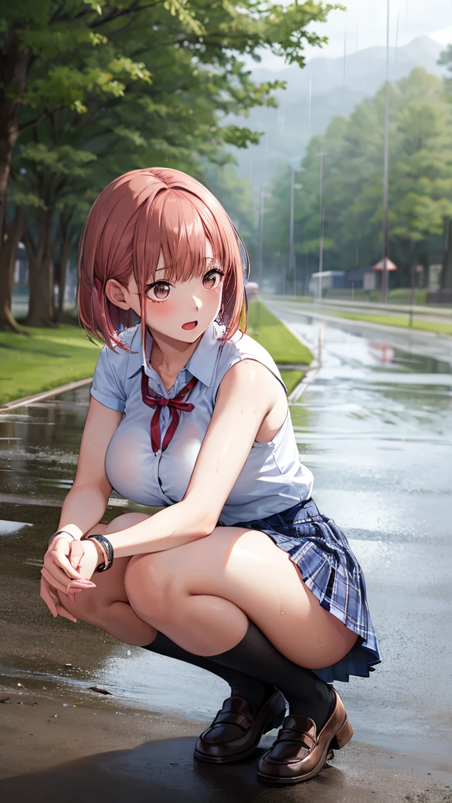 masterpiece, best quality, highly detailed, high resolution, expensive resolution, high resolution, 4k, 8k, Unity 8k wallpaper, highly detailed CG, masterpiece, 2d, 3d, beautiful details, depth, fine texture, best quality: 1.3, perfect focus, transparent skin, him, rain, wet, wet clothes: 1.2 very cute anime girl, (bra visible through volleyball uniform and knee supporter,wet from pouring rain, knee supporter, volleyball shoes), big breasts, expensive twin-tail hair, alone girl, rain, (raindrops dripping from wet hair, bra visible through thin volleyball uniform wet from rain, knee support, volleyball shoes, whole body), mole under eye, looking at viewer, expensive, blush, mole, open lips, heart, pink eyes, choker, white transparent bra