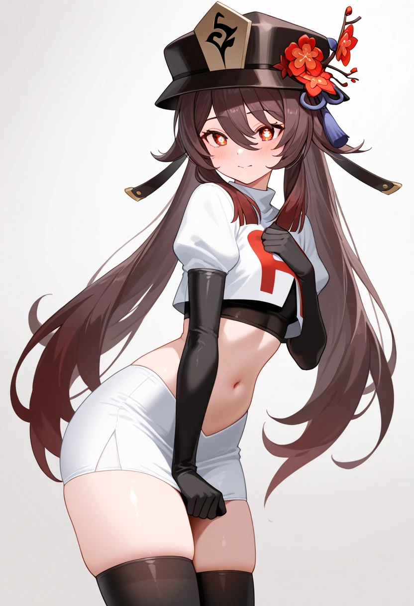 Anime Artwork, Fraction_9, Fraction_8_up, Fraction_7_up, Fraction_6_up, Fraction_5_up, Fraction_4_up, Hu Tao, She is 24 years old, style_3, Gray background, , , , , _, Smile, Solitary, Bikini