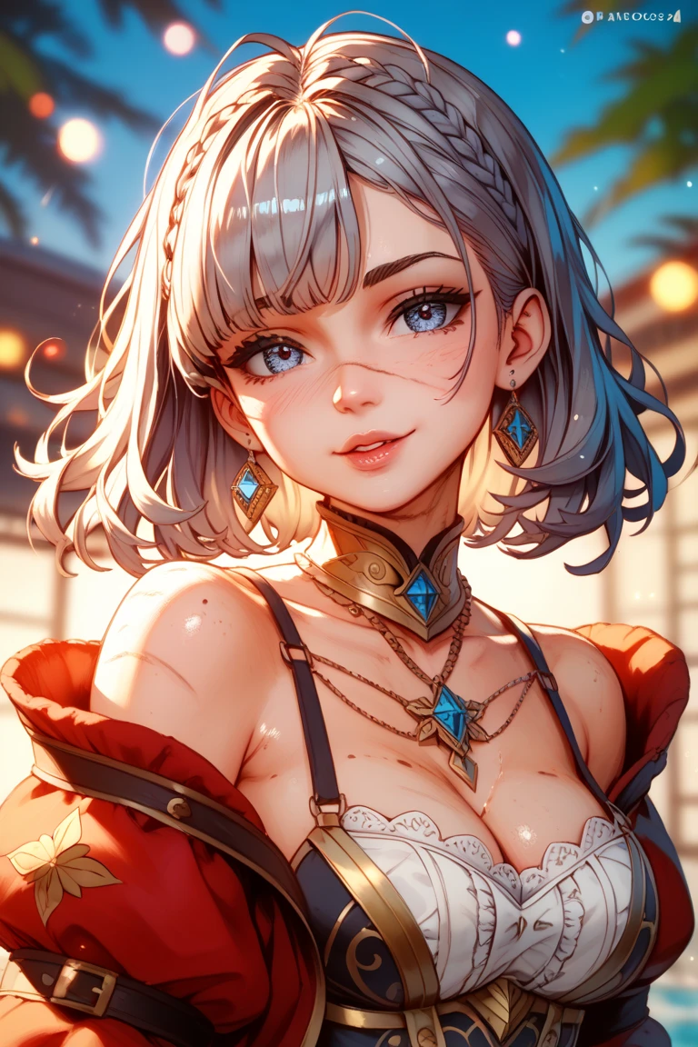 ((one personの女性)), Beautiful Face,Laughing shyly,((;D)), seDuctive smile,((Bright red cheeks:1.4)),Glossy pink lips,night,rooftop,Festive decorations,You can see the ocean, firework,Laughing with your mouth open,Glossy pink lips,Lighting on the face,((Anime style background)),masterpiece, Highest quality, so beautiful,Latest, complex Details, (Pink long nails),(ring),(bracelet),(choker),AI-generated, complex,High resolution, Highest quality, super high quality,3D Images、View your viewers、3D Images,one person,Long white hair,High Ponytail,(blue eyes),Anime woman posing for a photo, ((Fine grain、Silvery white colorful eyes、Shining Eyes:1.4)),(Squint your eyes:1.1),a hyperRealistic , hyperRealistic , Realistic,Anime woman with long and white hair, Smooth anime CG art, A woman in a colorful kimono with gold embroidery, (Black long sleeve kimono),Red floral pattern,Long flower hair ornament,Big earrings,Mature Body,(Big Breasts:1.1),Tall,Abdominal muscles,Narrow waist,(Zoom in on face:1.7),Shooting from below at an angle