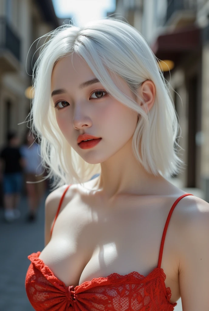 Beautiful Girl, Korean makeup, Red lips, smile lightly, Perfect body, big breasts, Platinum hair, was naked, exterior, street, Midnight, naked, open crotch
