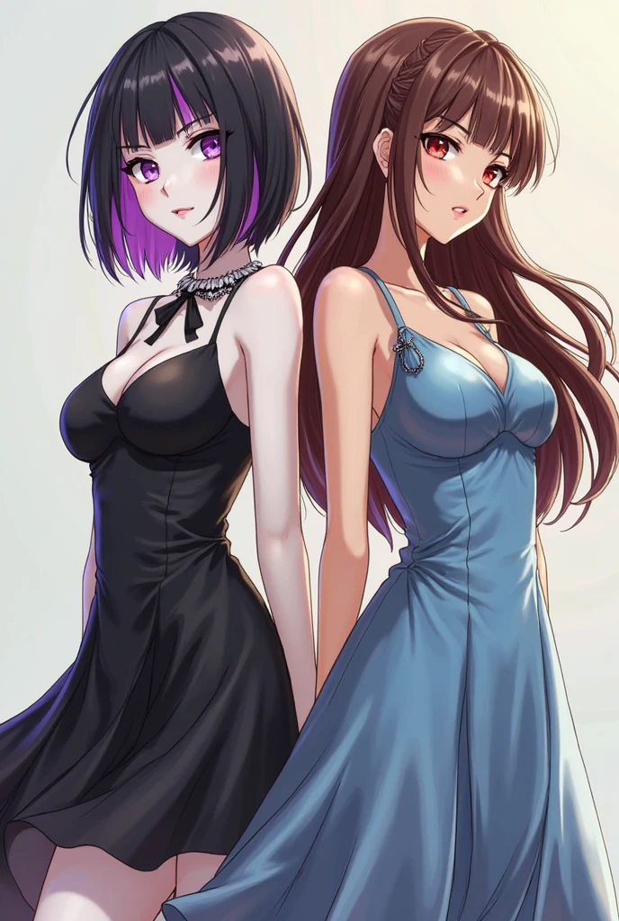 ((Accessories)) ((detailded)) ((well done art)) ((cabelo da Betty Boop)) ((white skin color)) ((two women))woman with short black hair and bright blue eyes, an intimidating gaze, a short black dress, a large bust, dressed in the gyaru Style, / The second woman has dark hair, right eye red and left eye white,(( Second tall woman)) ((The second woman is a lesbian.))