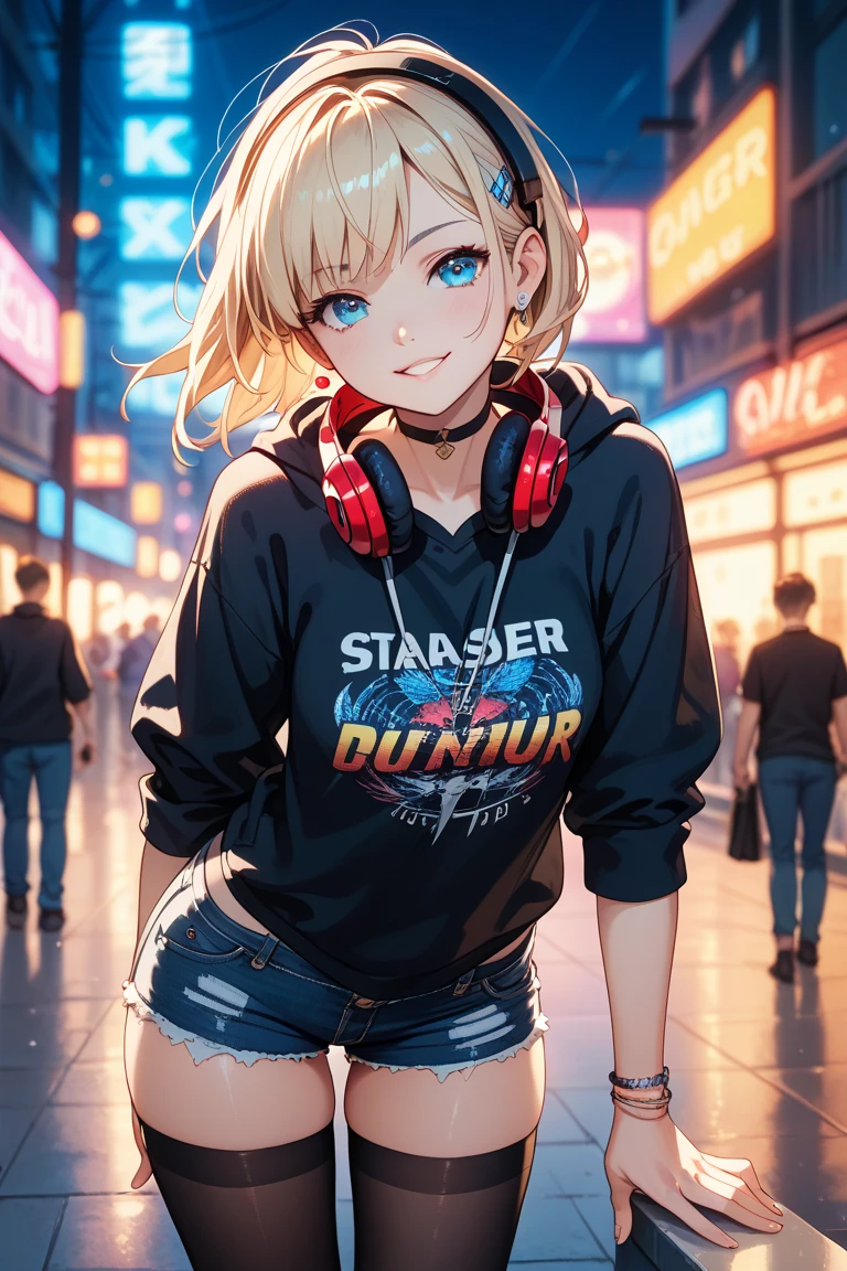 (masterpiece:1.2, best quality:1.1, highres,absurdres, high quality),(photorealistic:1.1),reflected light, colorful,ultra-detailed,8k, ultra hd, super detailed,
(hayasaka ai), blonde hair,light blue eyes, one blue scrunchie, cyberpunk style, cyberpunk, science fiction, neon lights, hoodie, hood down, shorts, (showing the middle finger:1.2), city,
<lora:Hayasaka_Ai:0.8> <lora:sdxl_cyberpunk:0.5> <lora:sdxl_middlefinger_v1:0.7>