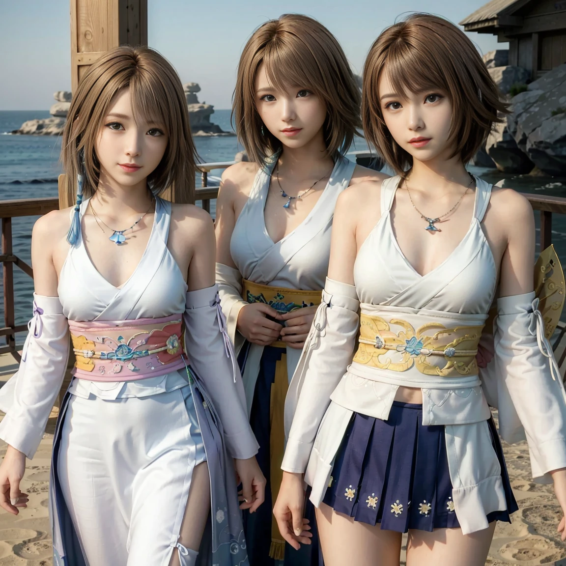 4k,1、(((topless))), High resolution, super detailed), 1 female, 28 years old, Final Fantasy Yuna x2, More mature, ((simple background)), plain background, ((There is nothing in the background)), surreal, Yuna&#39;s Final Fantasy costume, Yuna&#39;s original costume design from Final Fantasy X2, (((nsfw://www.Creative Uncut.。.。.and/Gallery-01/ff10-2-Yuna 2...html))), ボロボロにexposedしたデニムショートパンツ, Features of asymmetrical clothing, belt on left hip, Optimal clothing simulation, not a necklace, 1 female, Windy nights, Yuna's Bob Hairstyles, Big breasts, cleavage, middle_chest, thick body, smile, , close up shot, shot from the front, zoomed in shot, Access HIPS image scope, smile with closed mouth, from head to waist, Characters looking at the camera, I&#39;m watching you, Yuna FFX, blue bead earrings,(((Only the upper body is naked))),smile,(((amusement park))),(((nipple))),(((exposed))),(((chestの谷間)))