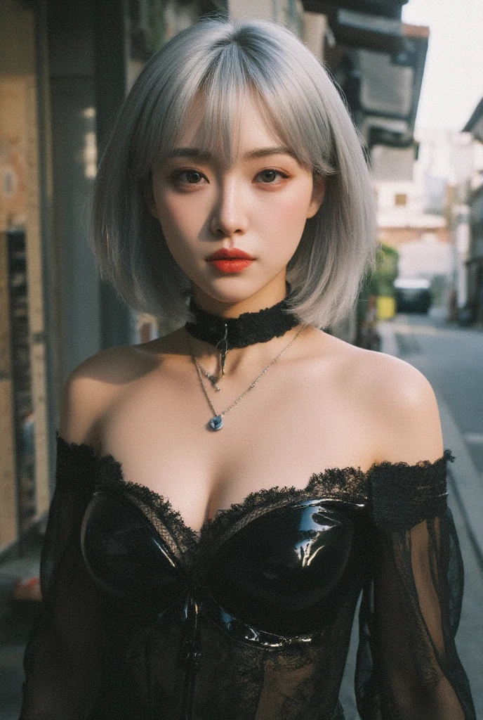 (((Masterpiece, top quality, super detailed))), One doll-like female in gothic lolita fashion, , accurate anatomy (beautiful gray eyes,very beautiful slitted eyes, delicate, lonely, beautiful eyes,thin nose, small mouth, thin lips, thin body, slightly long neck, slightly thin shoulders, long thin arms, long thin legs), accurate pose (facing forward), exact make-up (unhealthy complexion, natural make-up, natural and natural very light pink lipstick), exact skin (clear white, perfectly smooth), exact hair (bright clean silver hair, curled lengthwise silver, long, windswept hair), accurate costume (black dress with ruffles, lace and black roses, black dress with visible shoulders and bust), accurate lighting (dim low light, oblique light) photographic equipment (SLR, single focus lens), settings (f/1.8, S400, ISO 100), accurate background (plain black), A highly realistic photograph that accurately captures the entire body, (((a dramatic leap in overall precision, creating a super detailed and realistic image))),(Are thin),(Flat Chest),(Beautiful girl with slender body),