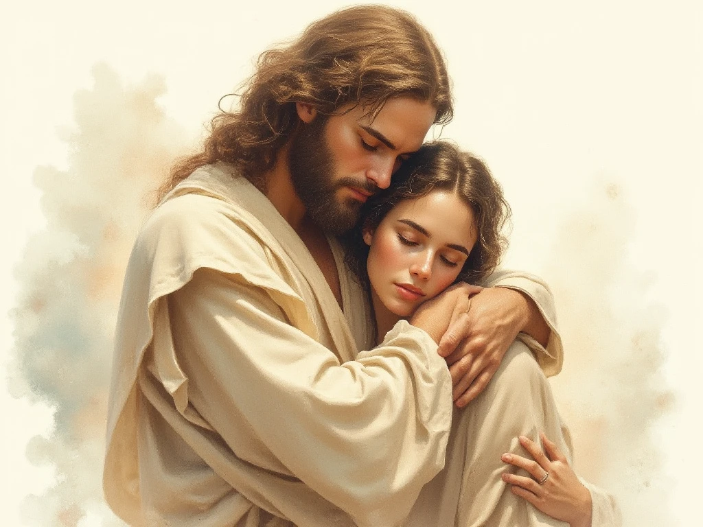 ((Masterpiece)), high quality, ultra detailed image, better lighting, the consolation of Jesus, sacred scenes, exciting, divine consolation, sacred aura, gentle and tranquil expression, sacred characters, vibrant colors, biblical story, divine light, heavenly background.