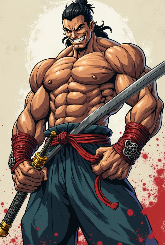 3d anime muscle boy with a katana in his left hand and a gun in his right hand