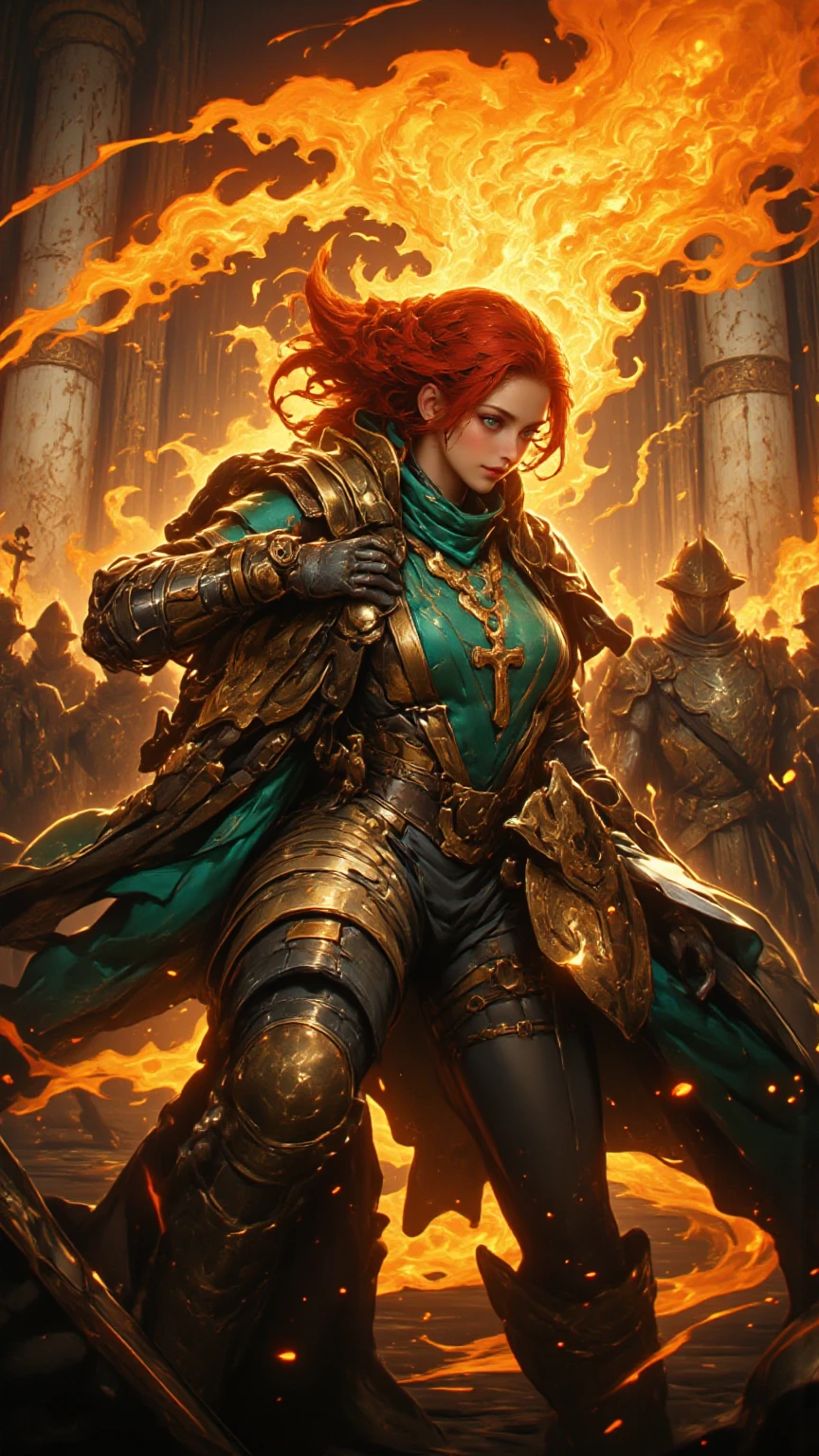 high details, best quality, 8k, [ultra detailed], masterpiece, best quality, (extremely detailed), dynamic angle, ultra wide shot, photorealistic, fantasy art, dnd art, rpg art, realistic art, an ultra wide picture of female dwarf cleric, holding axe, axe in flames, casting a spell, yellow magical light (1.5 intricate details, Masterpiece, best quality), wearing heavy white armor (1.5 intese details, Masterpiece, best quality), blue cloak (1.5 intricate details, Masterpiece, best quality), holy symbol, blue light from symbol, red hair, intense eyes, green eyes, D&D female dwarf (1.5 intricate details, Masterpiece, best quality) fantasy temple background, celestial background, ((divine worship atmosphere)), high details, best quality, highres, ultra wide angle