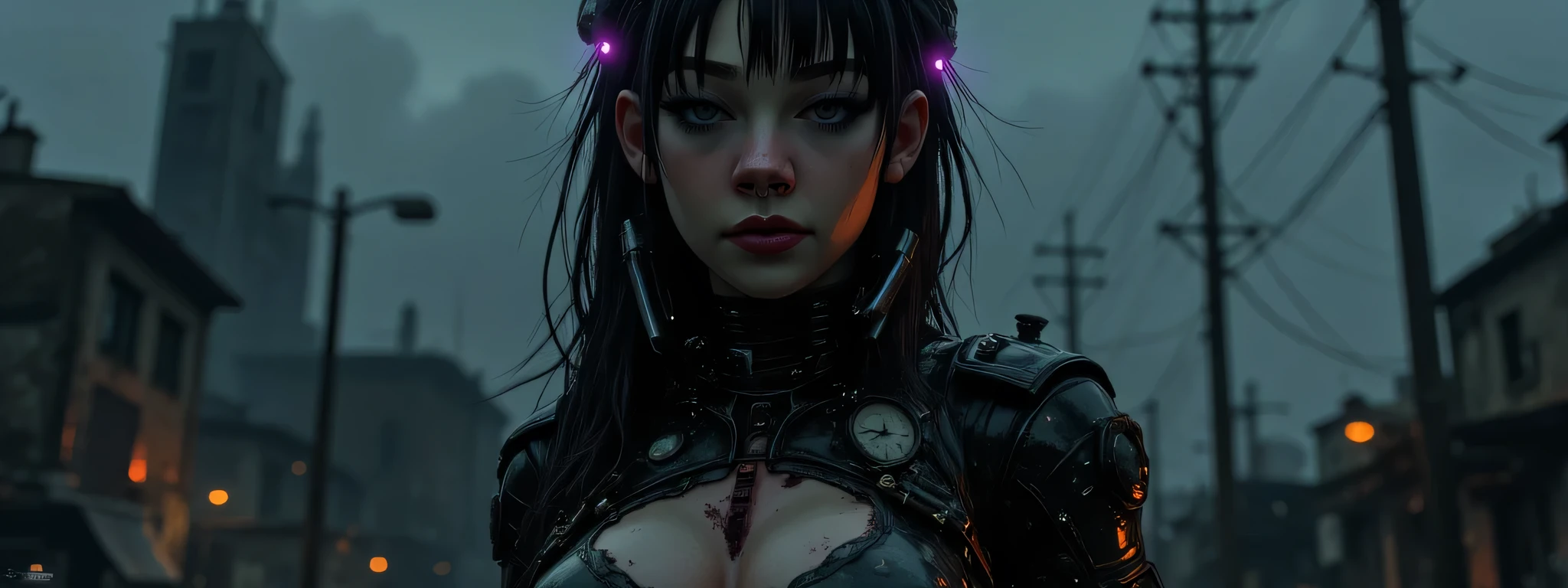 The image depicts a post-apocalyptic and artistic representation of a full body battle android with an intriguing blend of organic and mechanical elements. She is heavily battle damaged, her skin is grimy and bleeding, her armor dented and dirty, leaking hydraulic fluid, almost completely destroyed. Her expression is determined and grim, adding to a sense of power in the image. She has metallic dreadlocks with neon purple lights at the tips. The clothing or armor is composed of crimson red leather and metallic materials that wrap around the body, highlighting the cybernetic theme as well as her figure. It is dusty and smashed and broken, revealing glimpses of skin and under armor. Numerous mechanical accessories, like cylindrical devices and wires and glowing LED lights and gauges, are integrated into the figure's body, enhancing the sci-fi aesthetic. The lighting is very dark, the lights of her armor creating highlights on the reflective surfaces and casting subtle shadows that accentuate the contours and mechanical details. The background is dark, the silhouette of a bombed city in the distant background, creating a quiet yet powerful atmosphere. The shooting angle is elevated, with a sense of depth due to shadow play and the positioning of mechanical elements. The overall composition and technical execution present a seamless blend of organic and technological features, evoking themes of future, integration, and identity. 8k super hd, uhd (full body:2)