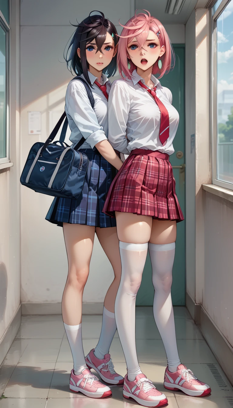 nsfw, 8K raw photo, Best quality, masterpiece, ultra high res, (photorealistic:1.5), girls' school uniforms on hangers in the closet raise their sleeves on their own as if worn by invisible busty girls, hanger busty school uniforms on hangers swell into girls' shape as if worn by invisible busty girls, school uniforms has big breasts and cleavage, school uniforms without humans, headless, faceless, no hands, black tights, plaid skirt, white shirt, empty school uniforms pose with buttocks facing you, hanger school uniforms bending forward in the closet as if worn by invisible girls