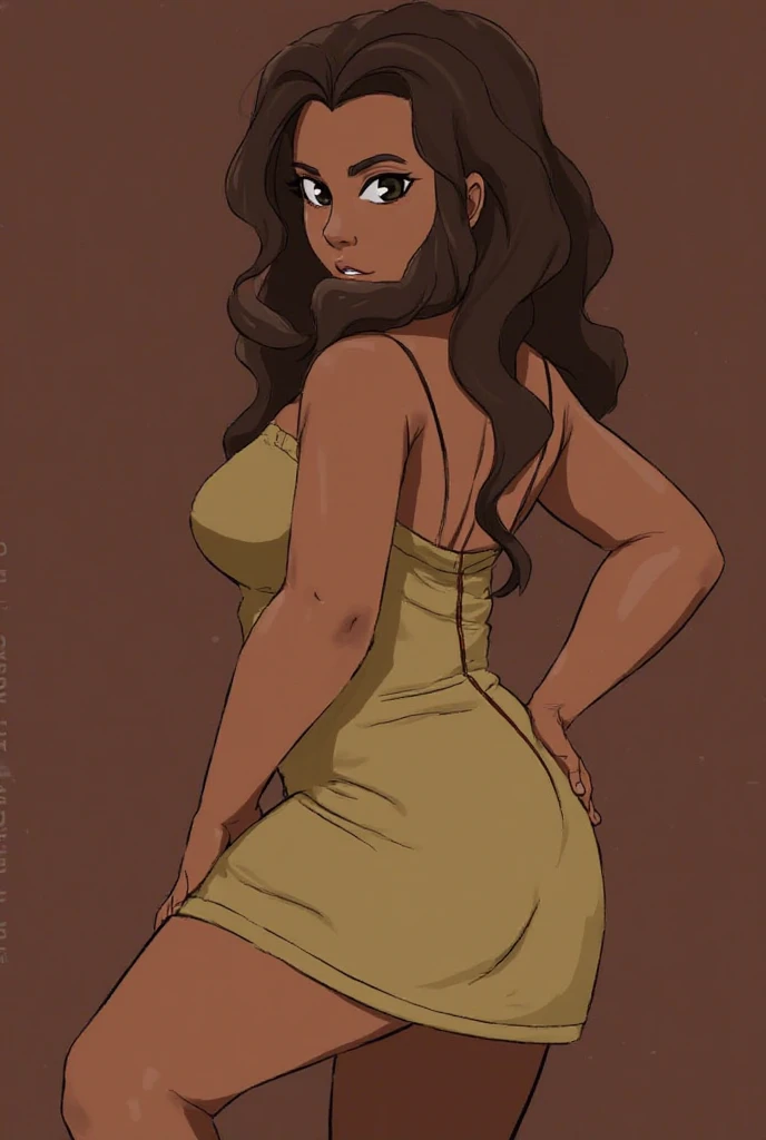 By bebebebebe, by lostgoose, by goonie-san, solo, standing, female, ((human)), dark skin, wavy hair, bright brown eyes, open mouth, (glossy lips), looking at viewer, detailed eyes, nude, nipples, view from behind, looking back at viewer,