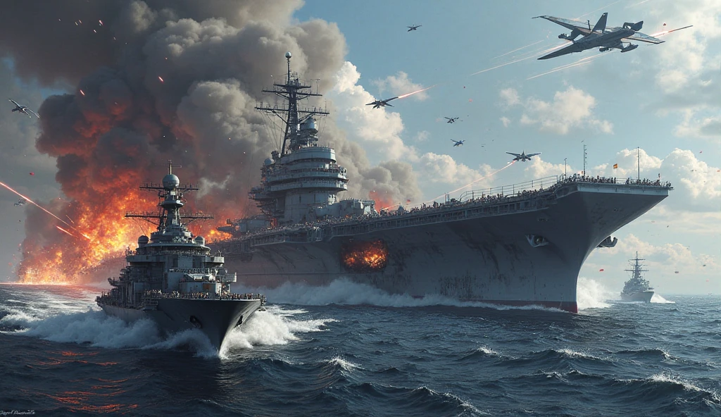Burning sea,Burning aircraft carriers,battleships,Planes in the sky,Smoke billowed out,Dimly lit sky,((the fire)),karo,cannon fire,(illustratio:1.0)、Epic composition、Realistic lighting、high definition detail、tmasterpiece、Best quality,(非常详细的 CG 统一 8k 壁纸)