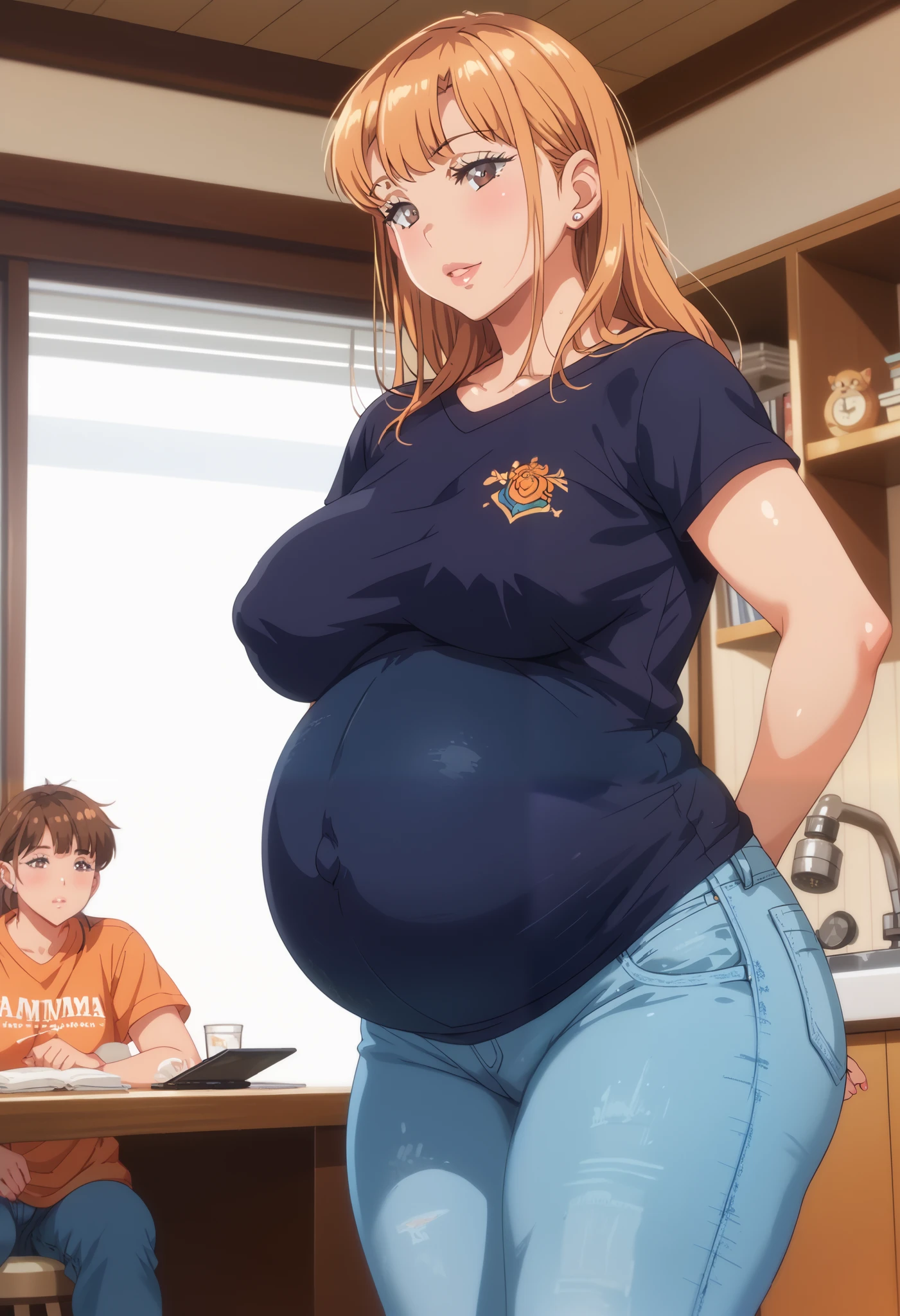 extreme horny woman, woman hug shota, hug, 1girl, nami, tongue out, tongue, saliva drip, saliva, woman horny, apron, smiling, in a cafe, score_9, score_8_up, score_7_up, score_6_up, score_5_up, score_4_up, huge breasts, hug, wooden floor, lying on floor, lying, hug lying, woman grab bulge shota, rape, cowboy shot, full body, kiss, size difference, age difference, woman kiss shota on floor, floor,