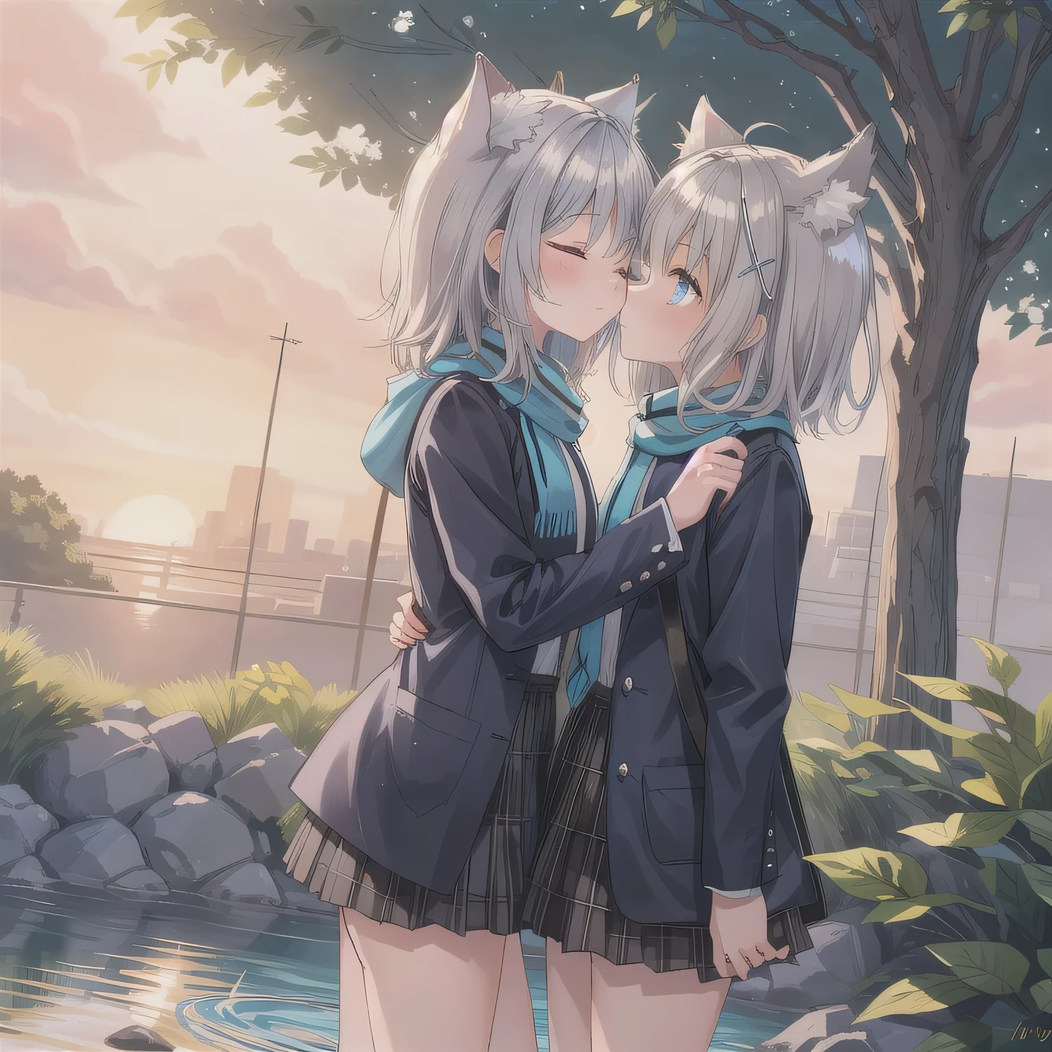 1girl, Green Eyes, Grey Hair, hair ornaments, Animal ears, Small breasts,uniform,Navy Blue Blazer,White shirt,Pink ribbon,Grey Skirt,No underwear,{{2girls,Kiss each other's crotches,Cunnilingus,pussy juice,}},yuri