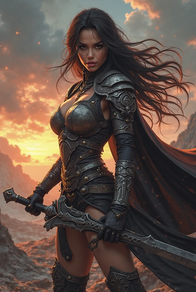 masterpiece, most beautiful face, most beautiful body, uhd, ultra realistic, beautiful pointy elf ears, most beautiful mouth, black hair, purple hair, arafed female warrior with a sword and a sword in a wartorn medieval battlefield, fires, destroyed houses, world of warcraft, sylvanas, sucubus, female demon, sexy female demon warrior, black fire color reflected armor, death knight, deathknight, wearing cloak on blasted plain, wearing shiny breastplate, dark elf, north adult female warrior, huge pauldrons, north female warrior, wearing a dark armor, intimidating woman, picture of female paladin, (Numerous award-winning masterpieces, with incredible detail, textures and maximum detail), (hyper realistic:1.4), (Full length portrait:1.8), (realistic:1.3), (best quality real texture skin), (Aesthetic and decadent image: 1.7), ((five perfect and beautiful fingers)), (Pale but beautiful face:1.5), (finely detailed true circle eyes), (finely Detailed and beautiful face:1.5), (Full length portrait:1.8), ((Wandering Vampire Female Swordsman)), ((only have two arms)), ((Less skin exposure)), ((knight in black)),(Full length portrait:1.8), (Anatomically correct limbs and physique:1.4), ((medieval world)), ((dramatic photo)), ((dynamic photo)), ((cinematic light)), (looks up), (looking down), (dramatic pose), Wind Effects and Offensive Spells, (Fearless and formidable Female vampire warrior:1.6), (Drifting Haze: 1.3), Old ruins infested with plants, Ruins of an old castle, dungeon, Abandoned mine, Deserted ruins, ((night, twilight, sunset, dusk)), Battlefield, detailed armor, epic realistic, ((neutral colors)), (hdr:1.5), (muted colors:1.2), hyper detailed, cinematic, warm lights, dramatic light, (intricate details:1.1), complex background,