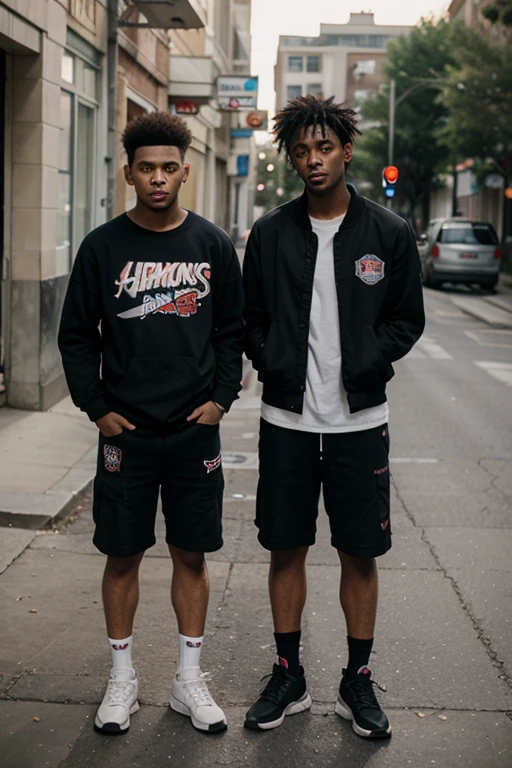 Create a picture of three black america boys wearing nice casual jeans and hodies and jackets and sneakers , standing waitng for dome one