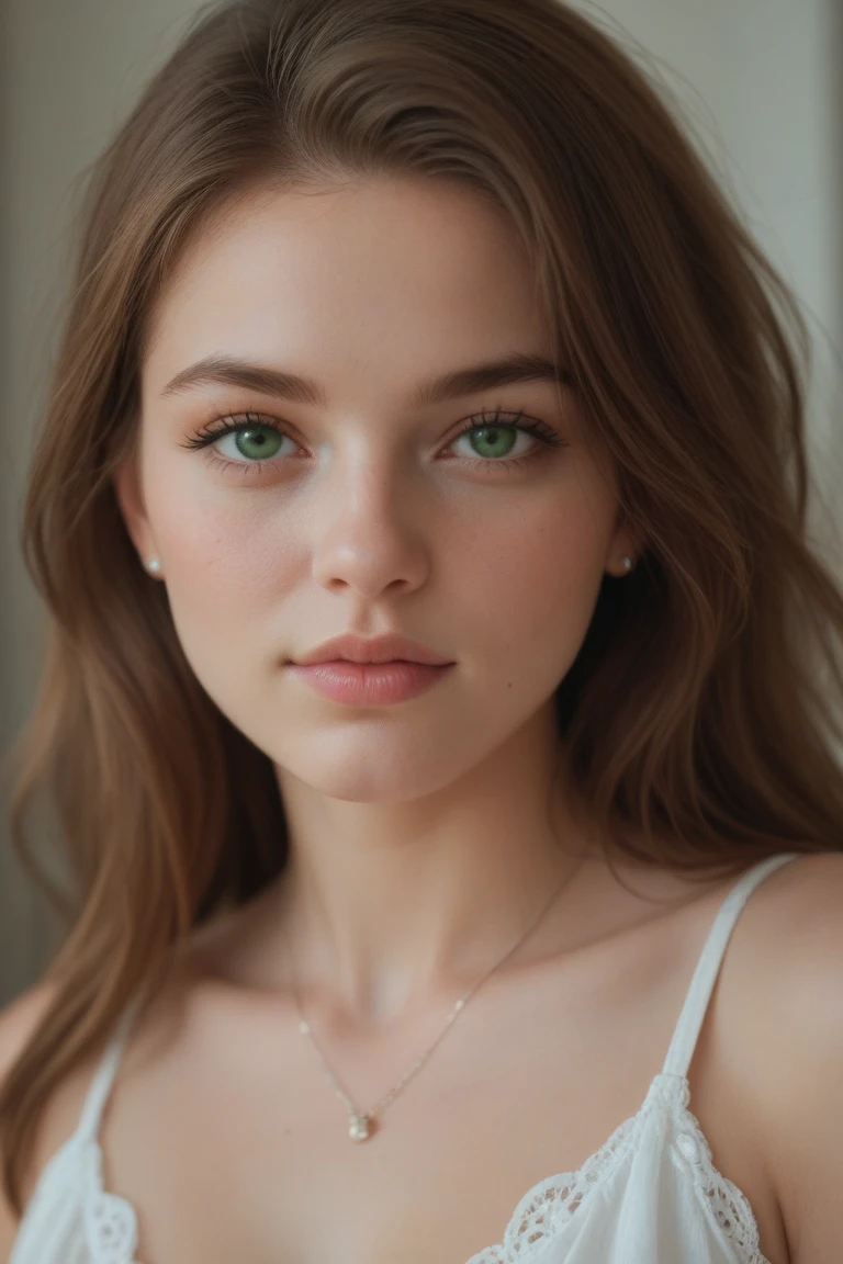 Portrait photo of a redhair girl from ukraine , green eyes , big lips and small nose 