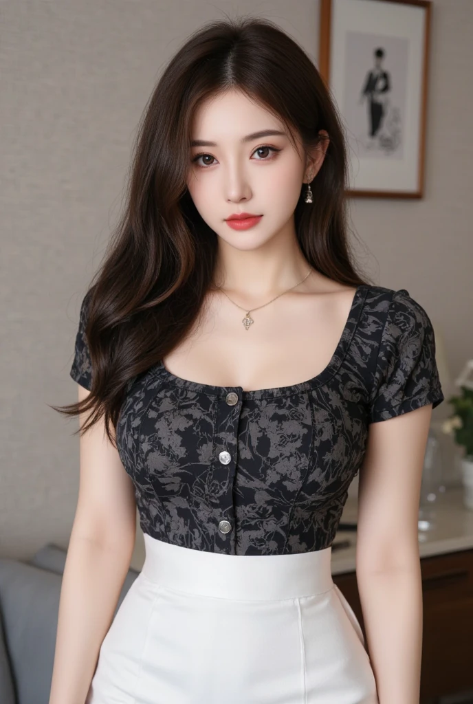 (8k, RAW Photos, highest quality, masterpiece, Realistic, Realistic), (1 female), (Ultimate beauty), Highly detailed face, (Perfect Teeth), Beautiful Eyes, double eyelid, eyelash, smile, Lip details, Short black hair, indoor, Beautiful breasts, whole body,Mourning clothes,mini skirt,,