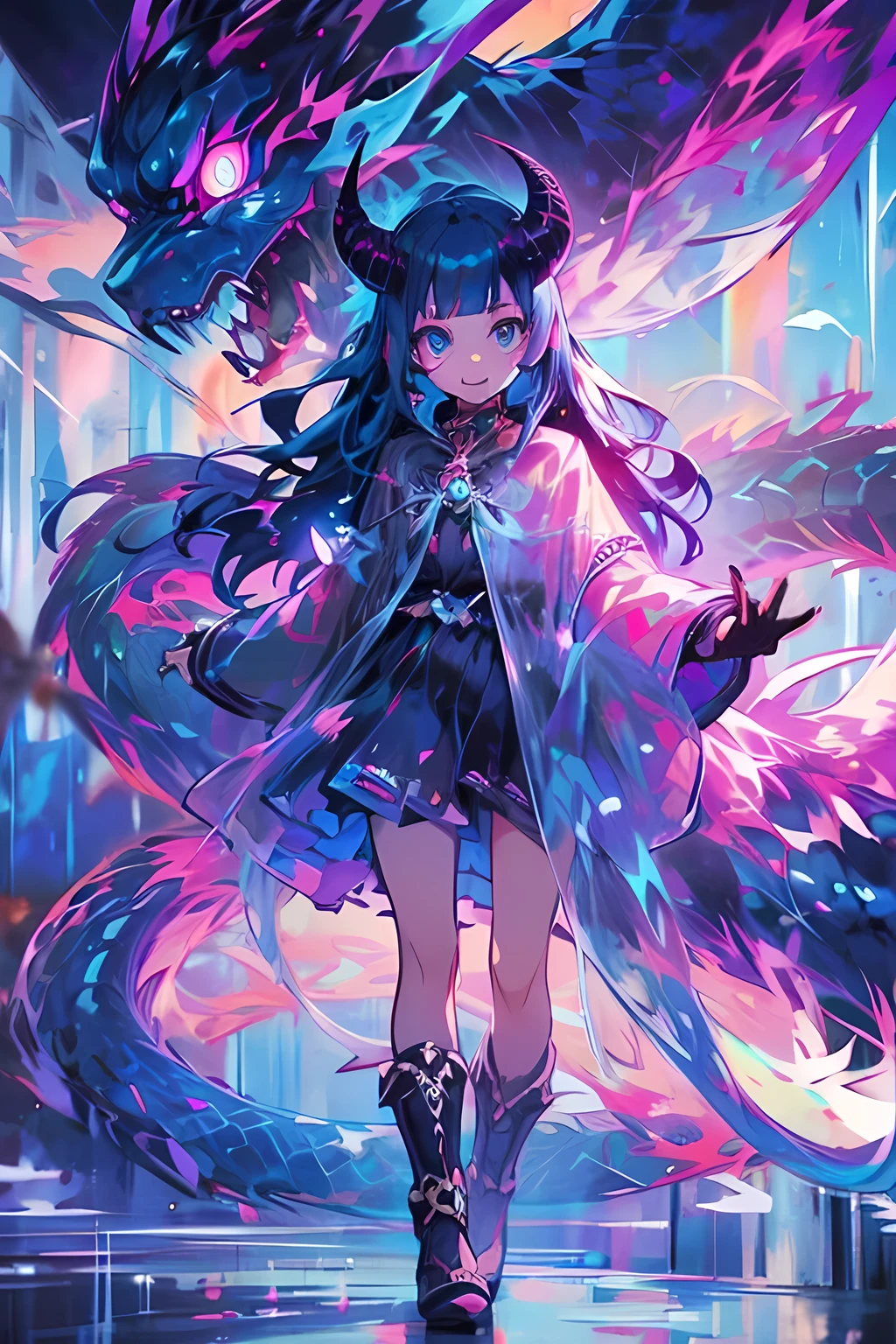 Create an anime-style illustration of a girl with blue hair with a snake behind her, She has the face of a demon and is spiritual. The girl has black fire in her hands