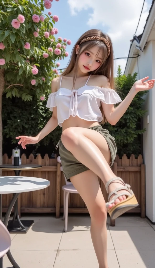 highest quality、High resolution、Super detailed、masterpiece、(Live shooting:1.5)、genuine:1.5、photogenuineistic:1.5、very delicate and beautiful、small details、1 female、(super beautiful)、(beautiful face:1.5)、(brown hair)、(sit on the slide in the park:1.3)、(Spread her legs:1.2)、(show me your white panties:1.1)、(short skirt floral dress)、(Clothes)、(Children playing:1.2)、(At SFW)