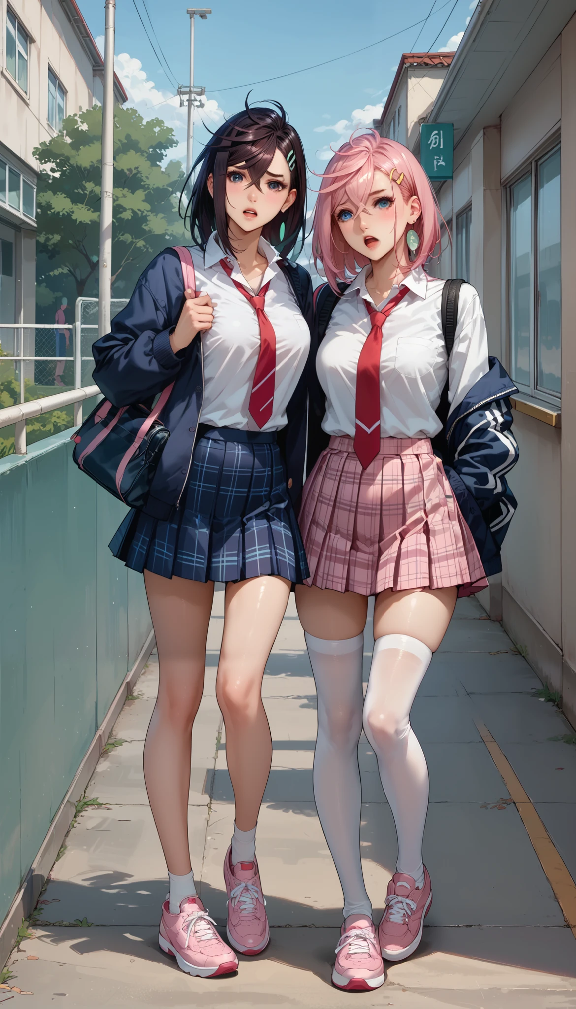 nsfw,highly detailed skin, highly detailed face, (beautiful detailed blue eyes, red cheeks, smile), ((two girls:1.5)), girls hold hands, Stand up and look here, The girl is cute 18 years old, ((no panties, Cute, thin pubic hair)), (Not wearing a bra, small breasts, cute nipples), (Pink and black mine fashion), ((Shoes with ribbonini skirt, Mr.々hair color, Mr.々hairstyle, earrings, A downtown area crowded with people, sunny blue sky, ((Photographed from the front so that the girl's whole body is included)),