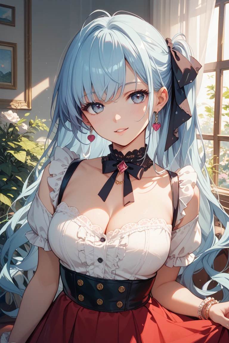 (cowboy shot: 1.5), (white background, simple background: 1.5), (masterpiece:1.5), (big breasts: 1.5), (1 girl: 1.5), young woman, (Beautiful Girl:1.5), (extremely detailed and delicate anime face and eyes:1.5), whole body, (natural light, HDR, extremely details CG:1.3), (dynamic posture: 1.3), {correct body anatomy}, (wide hips: 1.3), (perfect hands: 1.5), single focus, toned body, Beautiful Lips, thick lips, {surreal}, {correct posture}, {minutes details}, {detailed body}, {detailed clothing}, (Bright Eyes: 1.3), (cleavage: 1.3), {accessories}, {sexy}, (Floral Frock: 1.5), litlolita dress, dress, graceful, light blue and lavender clothes, (skirt with lots of frills: 1.3), long frilled skirt, (dress silk overlay: 1.3), frilly dress, (long lace dress: 1.5), (klubnika skirt: 1.3), lace, lace rims, (puff sleeves: 1.5), frills, long sleeves with ruffles, (frilled black sleeves: 1.5), embroidery, (brown lace-trimmed legwear: 1.5), (brown lace thighhighs: 1.3), brown legwear, brown stocking, (ascot with detailed jewel: 1.3), ascot, (Traditional Dutch Lace Bonnet: 1.5), earrings, bracelets, pointe shoes, (extra long hair: 1.5), (shimmer hair: 1.5), glowing hair, (two-tone hair: 1.5), (Iridescent cyan hair: 1.5), (cyan hair: 1.3), (Iridescent turquoise streaks: 1.3), ahoge, (hair houseki no kuni: 1.5), (hime cut bangs: 1.3), (bright light orange eyes: 1.3),