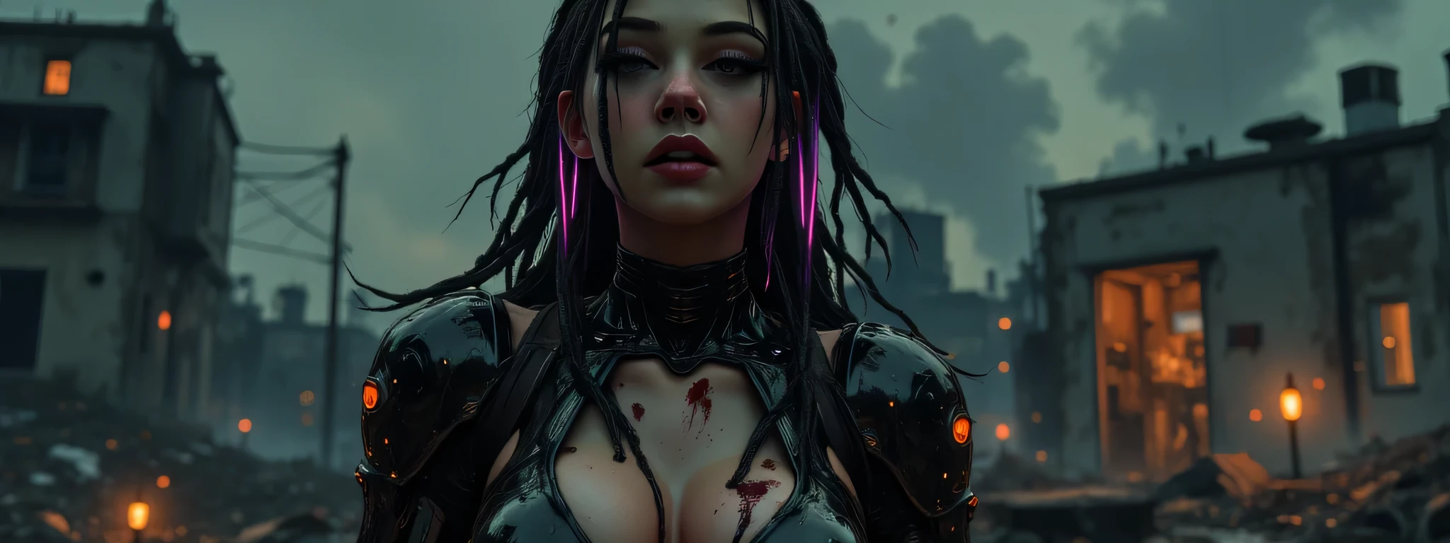 The image depicts a post-apocalyptic and artistic representation of a full body battle android with an intriguing blend of organic and mechanical elements. She is heavily battle damaged, her skin is grimy and bleeding, her armor dented and dirty, leaking hydraulic fluid, almost completely destroyed. Her expression is determined and grim, adding to a sense of power in the image. She has metallic dreadlocks with neon purple lights at the tips. The clothing or armor is composed of crimson red leather and metallic materials that wrap around the body, highlighting the cybernetic theme as well as her figure. It is dusty and smashed and broken, revealing glimpses of skin and under armor. Numerous mechanical accessories, like cylindrical devices and wires and glowing LED lights and gauges, are integrated into the figure's body, enhancing the sci-fi aesthetic. The lighting is very dark, the lights of her armor creating highlights on the reflective surfaces and casting subtle shadows that accentuate the contours and mechanical details. The background is dark, the silhouette of a bombed city in the distant background, creating a quiet yet powerful atmosphere. The shooting angle is elevated, with a sense of depth due to shadow play and the positioning of mechanical elements. The overall composition and technical execution present a seamless blend of organic and technological features, evoking themes of future, integration, and identity. 8k super hd, uhd (full body:2)