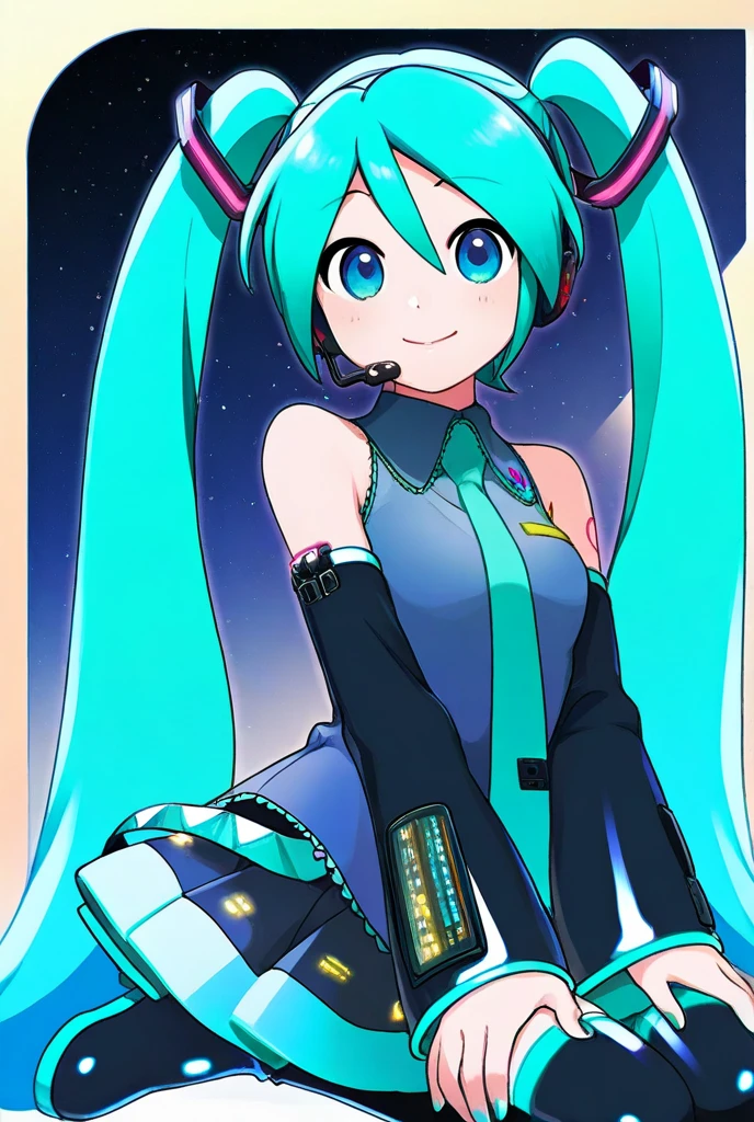 best quality, masterpiece, ultra high res, 1girl, hatsune miku, very long hair, twintails, aqua hair, aqua eyes, small breasts, green necktie, grey shirt, black sleeves, detached sleeves, black mini skirt, smile <lora:hagayuiV2:1>