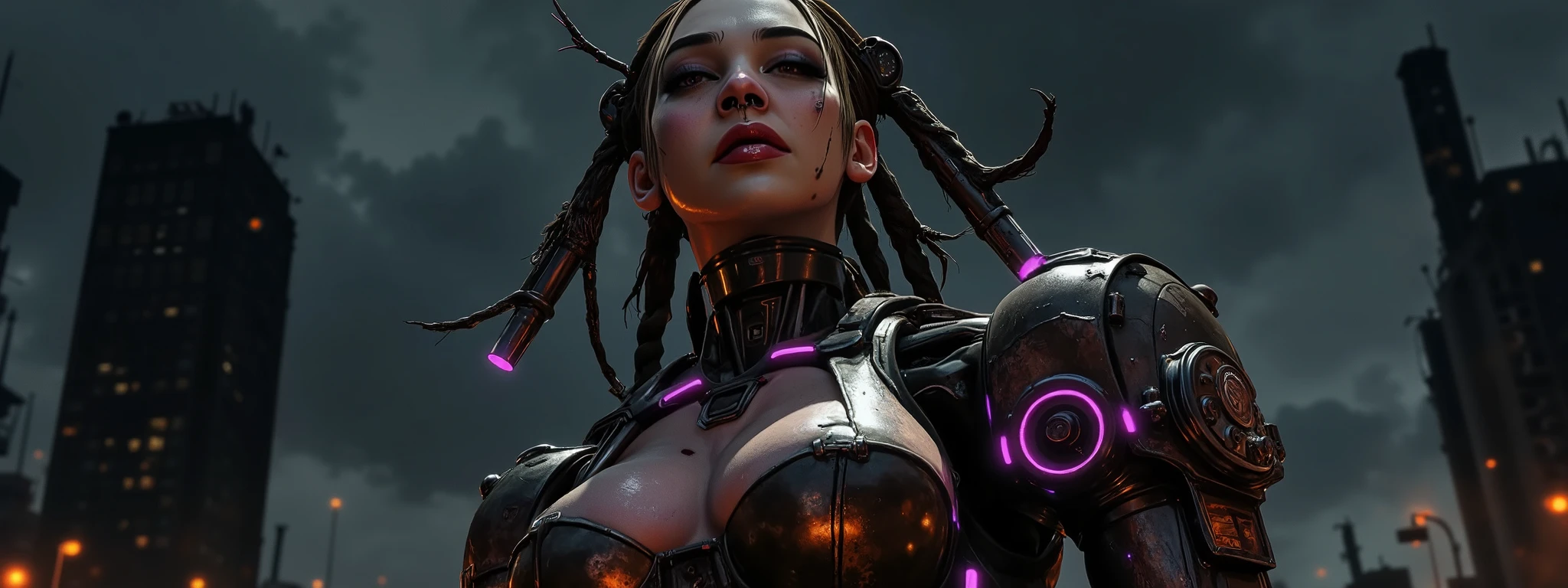 The image depicts a post-apocalyptic and artistic representation of a full body battle android with an intriguing blend of organic and mechanical elements. She is heavily battle damaged, her skin is grimy and bleeding, her armor dented and dirty, leaking hydraulic fluid, almost completely destroyed. Her expression is determined and grim, adding to a sense of power in the image. She has metallic dreadlocks with neon purple lights at the tips. The clothing or armor is composed of crimson red leather and metallic materials that wrap around the body, highlighting the cybernetic theme as well as her figure. It is dusty and smashed and broken, revealing glimpses of skin and under armor. Numerous mechanical accessories, like cylindrical devices and wires and glowing LED lights and gauges, are integrated into the figure's body, enhancing the sci-fi aesthetic. The lighting is very dark, the lights of her armor creating highlights on the reflective surfaces and casting subtle shadows that accentuate the contours and mechanical details. The background is dark, the silhouette of a bombed city in the distant background, creating a quiet yet powerful atmosphere. The shooting angle is elevated, with a sense of depth due to shadow play and the positioning of mechanical elements. The overall composition and technical execution present a seamless blend of organic and technological features, evoking themes of future, integration, and identity. 8k super hd, uhd (full body:2)