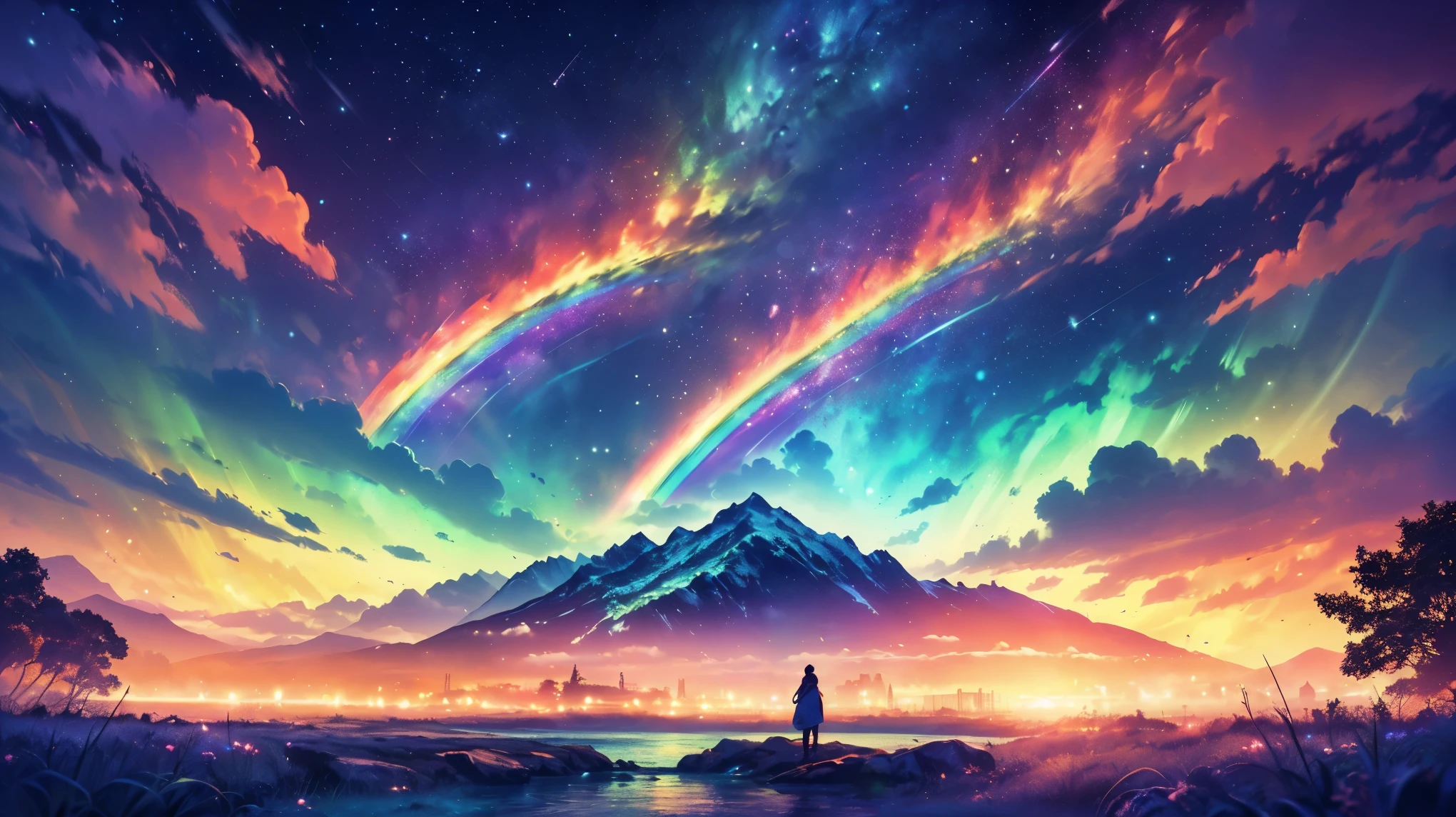 rainbow,超high image quality,high image quality,High quality DVD,Enchanting Mystical Forest , (Lots of neon colored butterflies々), Majestic Atmosphere , Clear Blue Water Fountains, Golden Mini Fairy, (((Fluorescent Blue, Lots of Amber　Magically Beautiful Scenery))),  Very beautiful scenery  , (super real), {Highly Detailed 8K CG Unit Wallpaper}, (Low Perspective Focusing on the Overall Scenery), (wide々field view ), (Low Angle Shot),(Low light), (Warm Light Source  : 1.0), Intricate Details, (((Seven colors of the rainbow ))), (bright light that emits bubbles), (Atmospheric lighting), nature, Magically Beautiful Scenery, landscape,((三重のrainbow)),
