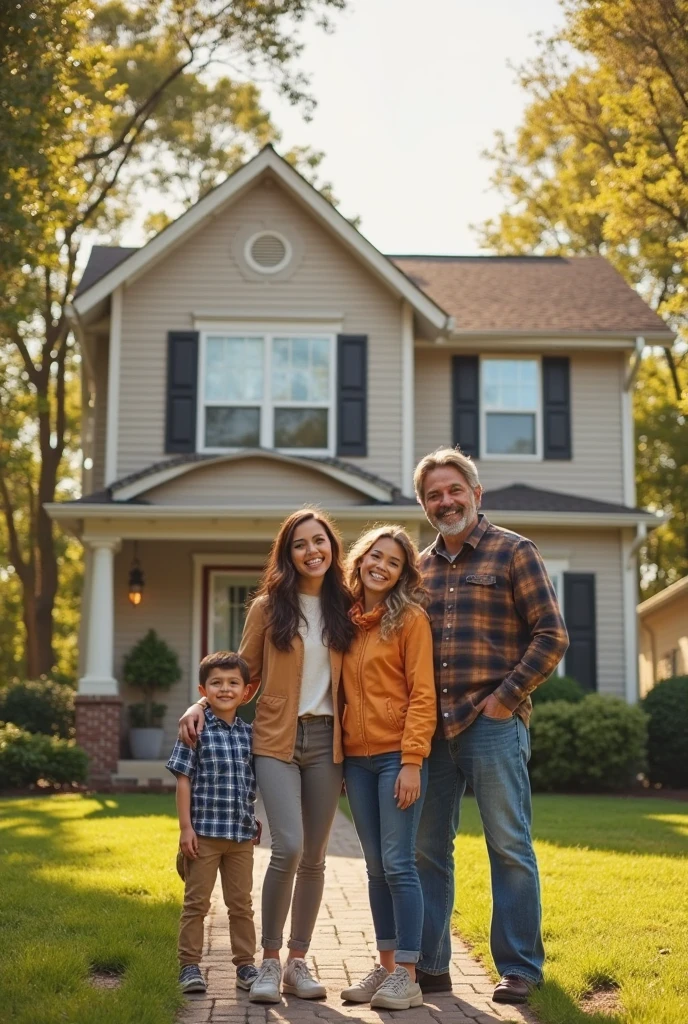 Create a hyper-realistic image of a happy family consisting of a father, mother, and three children (two boys and one girl) standing together in front of a newly built, modern home. The family should appear natural and joyful, radiating warmth and satisfaction, as if they have just moved into their new house. The house in the background should feature modern architecture with clean lines, large windows, and a well-kept front yard. Use a color palette that includes warm tones like orange, brown, and dark red, in harmony with the overall scene. The image should resemble a high-quality photograph, perfect for a real estate poster, and evoke a sense of fulfillment and the dream of owning a home."