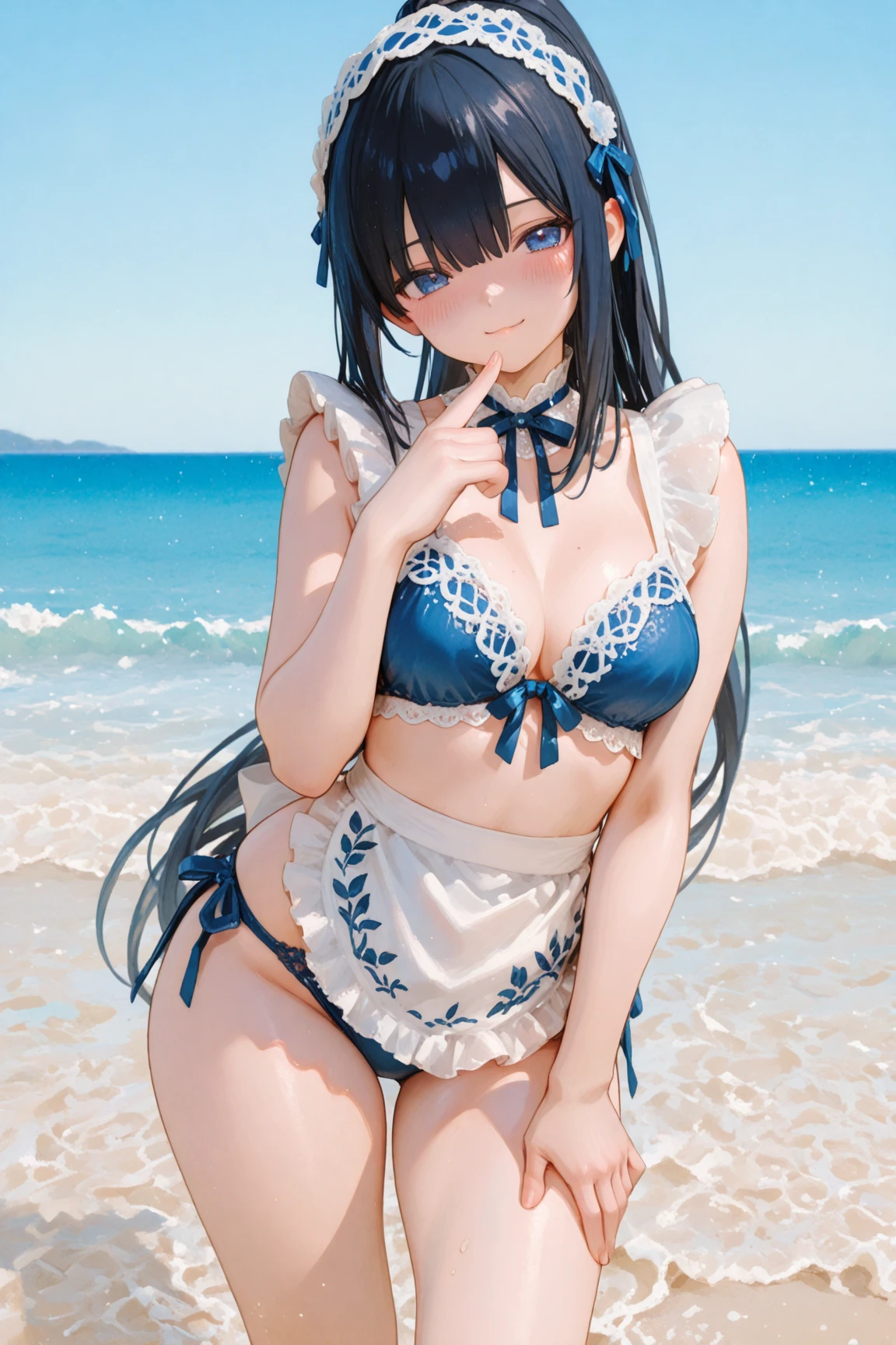 (best quality), 1 girl, ultra-detailed, illustration, yang guifei, beach, frilly bikini, (quicksand:1.3), upset, crying