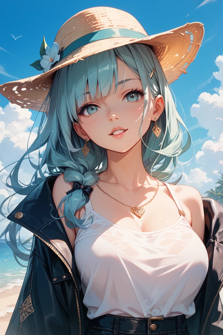 masterpiece, a elf with a straw hat in the beach, the girl is wearing a open shirt, the shirt is red, the girl is wearing blue shorts, the girl has yellow rope in the waist. perfect face, expressive eyes, cute, short sleeve, luffy cosplay, shirt with buttons, (straw hat:1), , BREAK (blue shorts:1.1), , BREAK (red shirt;1), BREAK (light blue hair:1.3), (blunt bangs:1.3), 1girl, solo, alone, cowboy shot, , medium sized breasts, sensual body,