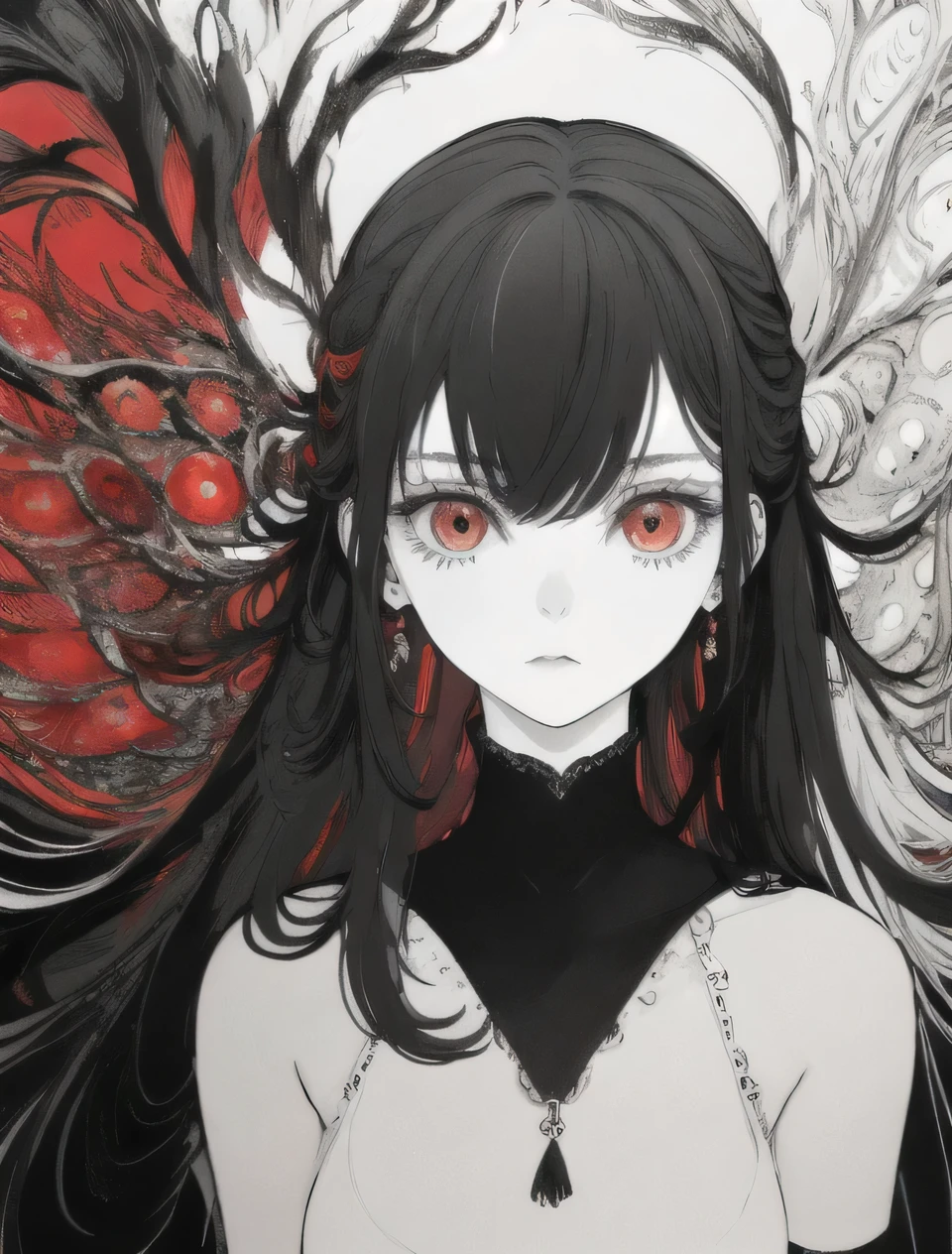 Black and white color scheme, highly detailed, ultra-quality, monochrome illustration. A single girl (1girl) with long, half-black and half-white mixed hair. Precise black and white hair division with natural blending. Odd eyes: left eye is pure white, right eye is deep black. Emotionless, calm expression. The entire character design follows a black and white contrast theme. She is in a white room with a pure white background, enhancing the striking monochrome aesthetic. The composition emphasizes elegance and balance between black and white elements, ensuring a refined and visually compelling artwork, ((RED EYES)), ((FLUID))