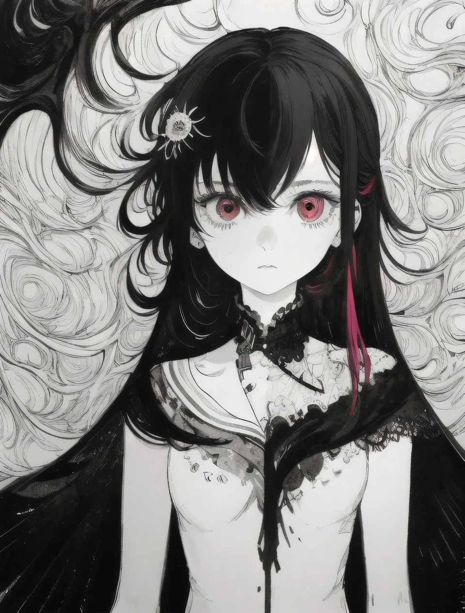 Black and white color scheme, highly detailed, ultra-quality, monochrome illustration. A single girl (1girl) with long, half-black and half-white mixed hair. Precise black and white hair division with natural blending. Odd eyes: left eye is pure white, right eye is deep black. Emotionless, calm expression. The entire character design follows a black and white contrast theme. She is in a white room with a pure white background, enhancing the striking monochrome aesthetic. The composition emphasizes elegance and balance between black and white elements, ensuring a refined and visually compelling artwork, ((RED EYES)), ((FLUID))